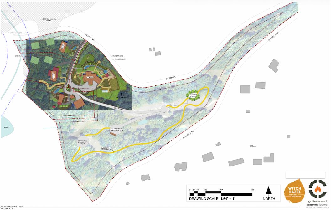 Detailed site plan of a residential development with roads, buildings, and landscape features, including a pond, stream, and a pathway winding through the area, with labels indicating property boundaries, building stockpile, and a suggested trail route.