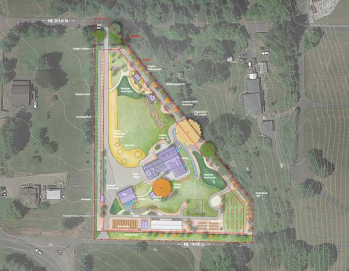 A detailed master plan map of a park, showing various recreational areas including playgrounds, sports facilities, walkways, parking lots, and natural landscaping, with surrounding streets and trees.