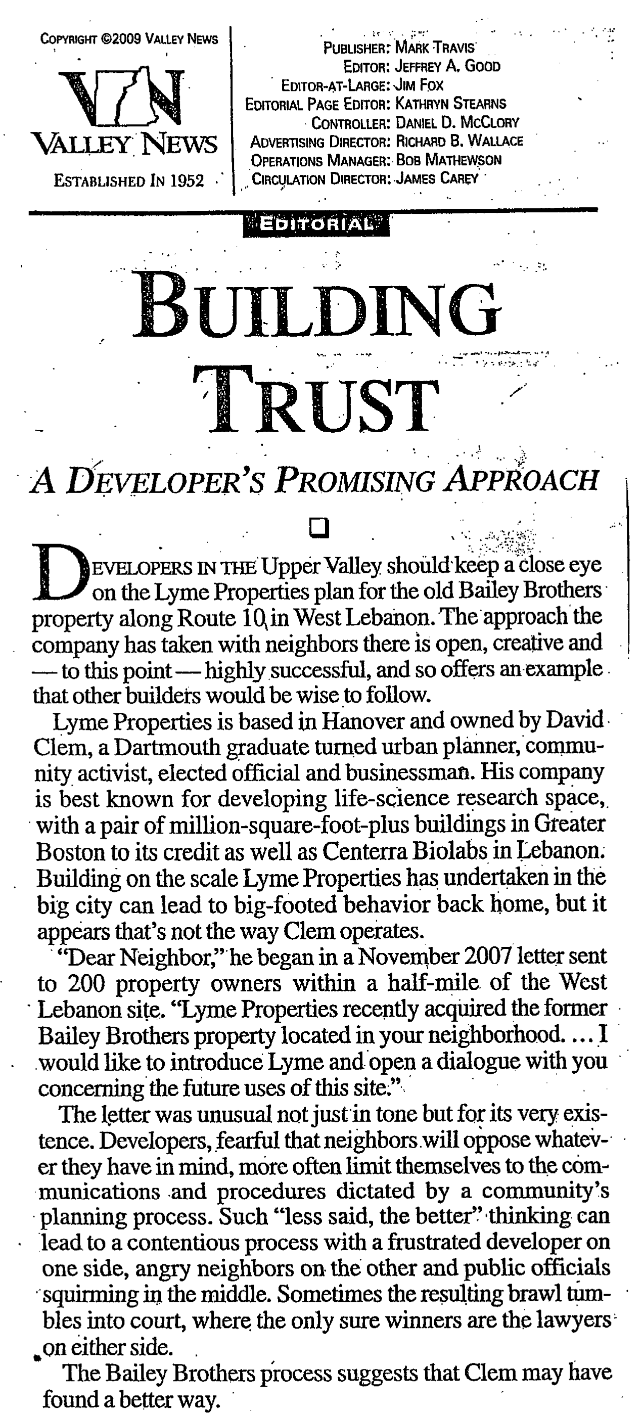 How this all began: 2009 Valley News Editorial "Building Trust: A Developer's Promising Approach"