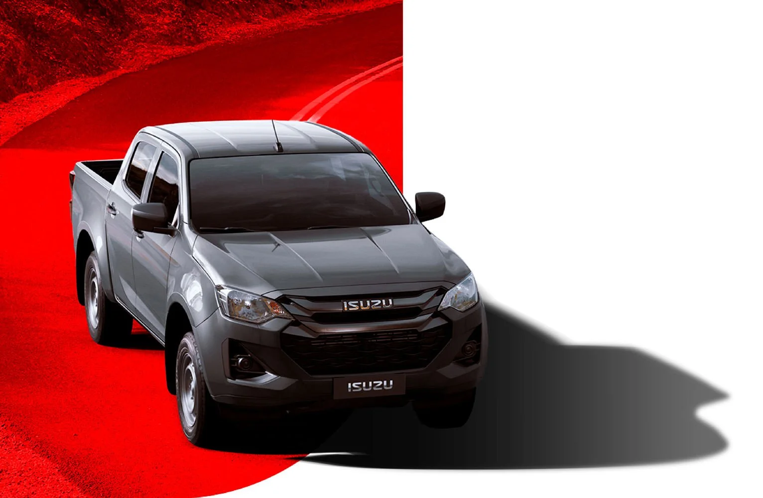 Camioneta Isuzu gris oscuro sobre fondo dividido con rojo y blanco, con sombra proyectada.