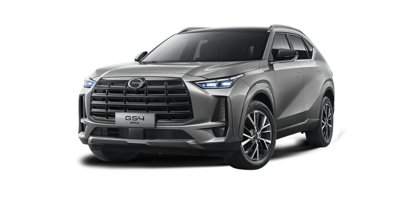 SUV GS4 Max de color gris plata, vista frontal en fondo negro