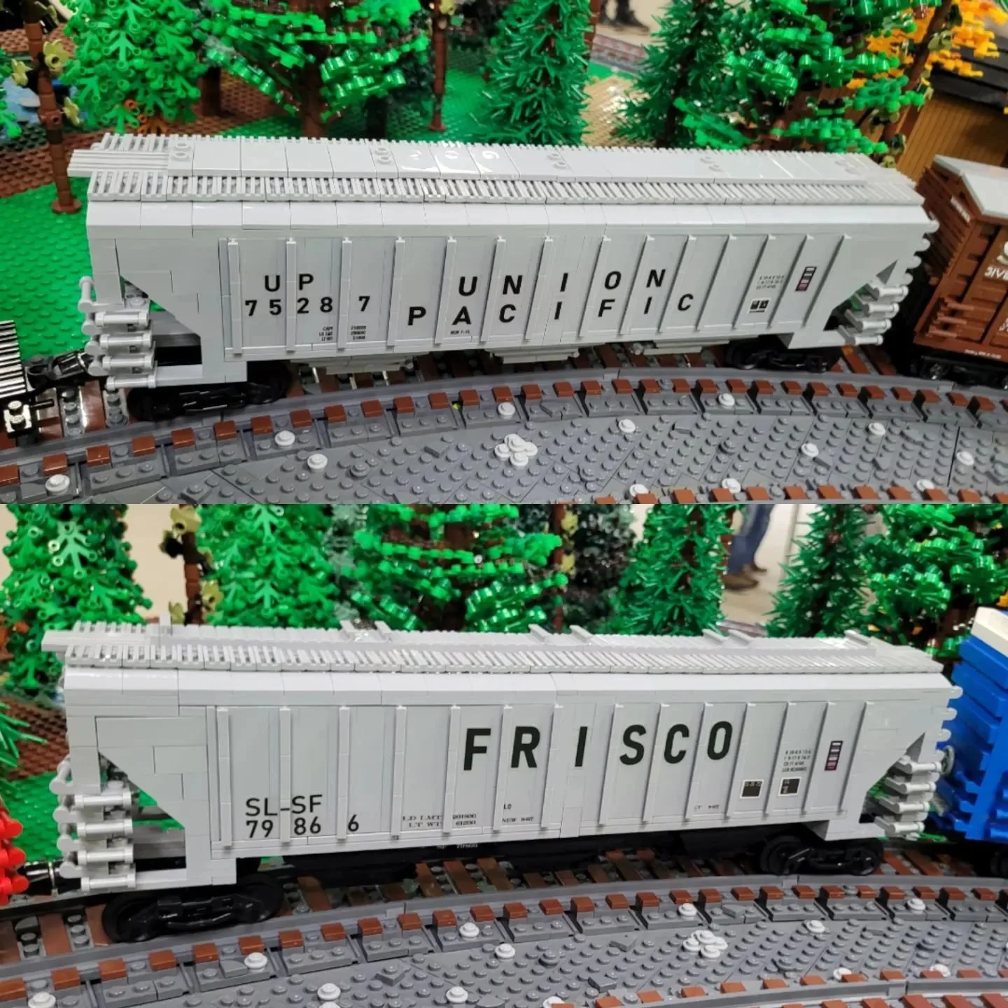 Brick Train Depot 4740 Covered Hoppers with custom Union Pacific and Frisco lettering