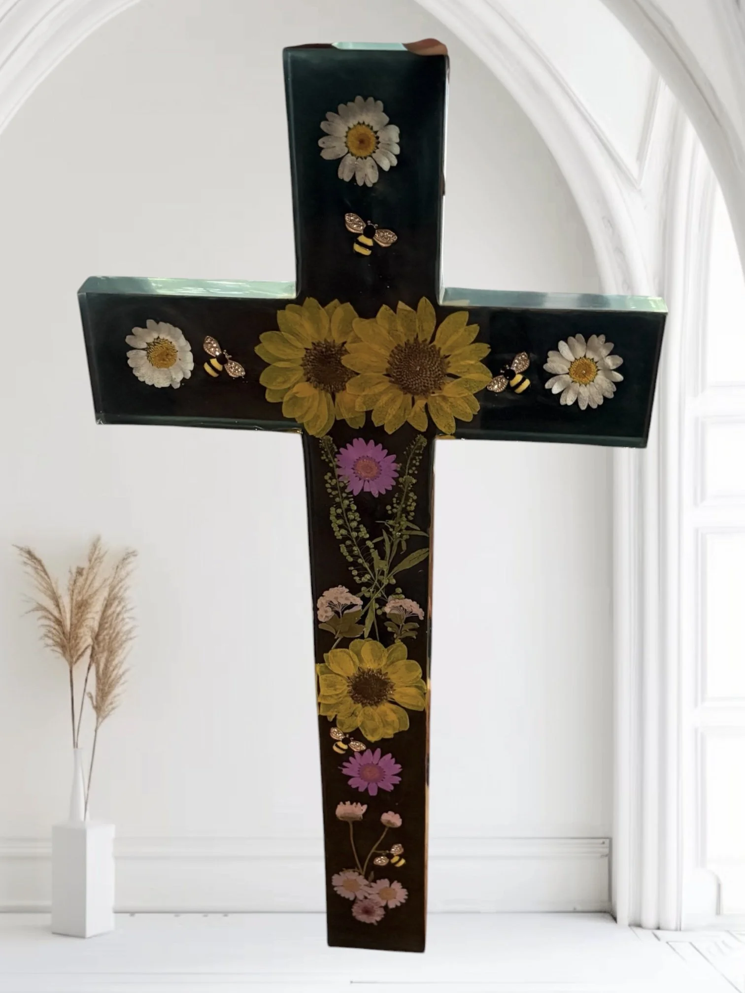 Sunflower & Bee Resin Cross – 20” x 10” x 1”