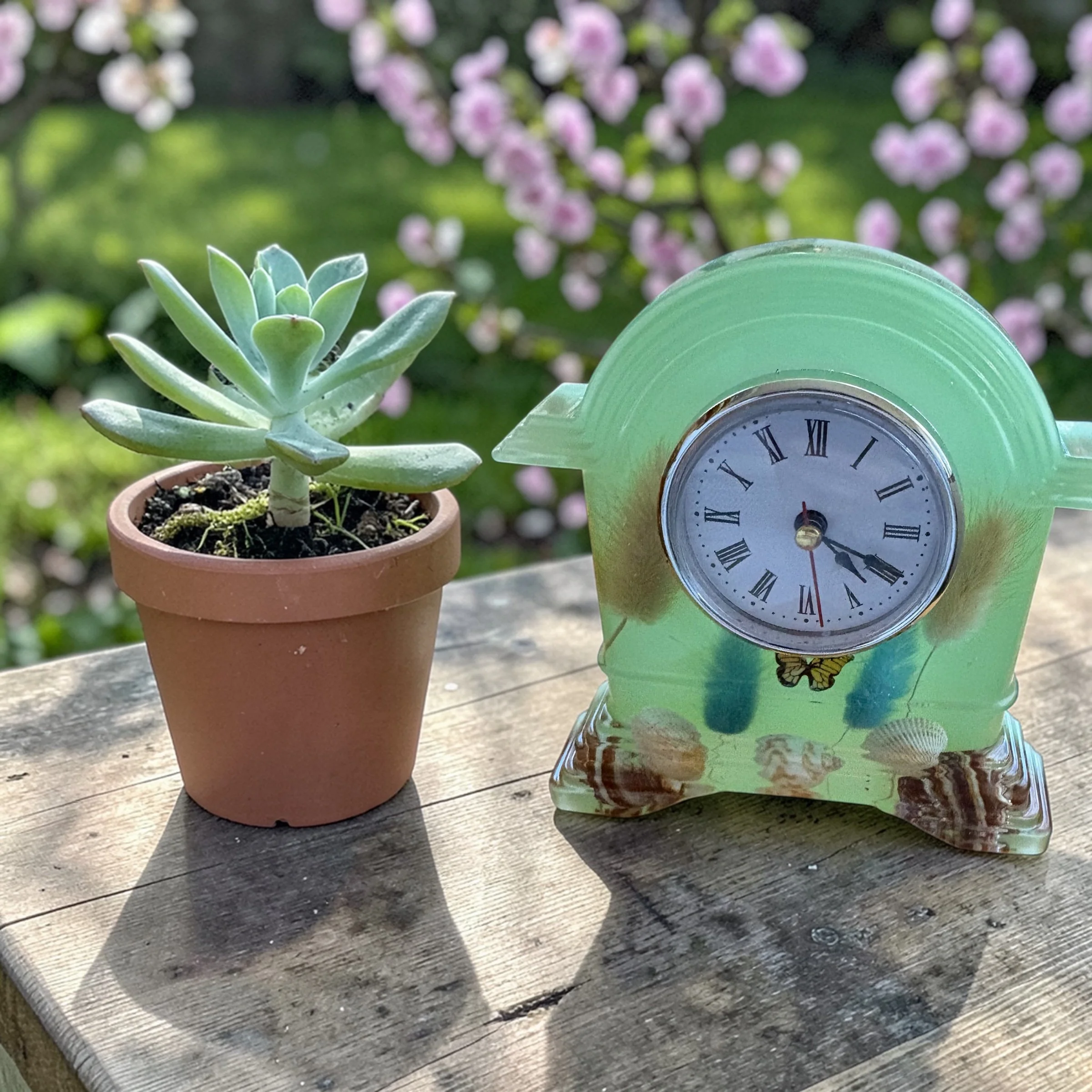 Sea Glass Green Resin Clock with Shell Accents