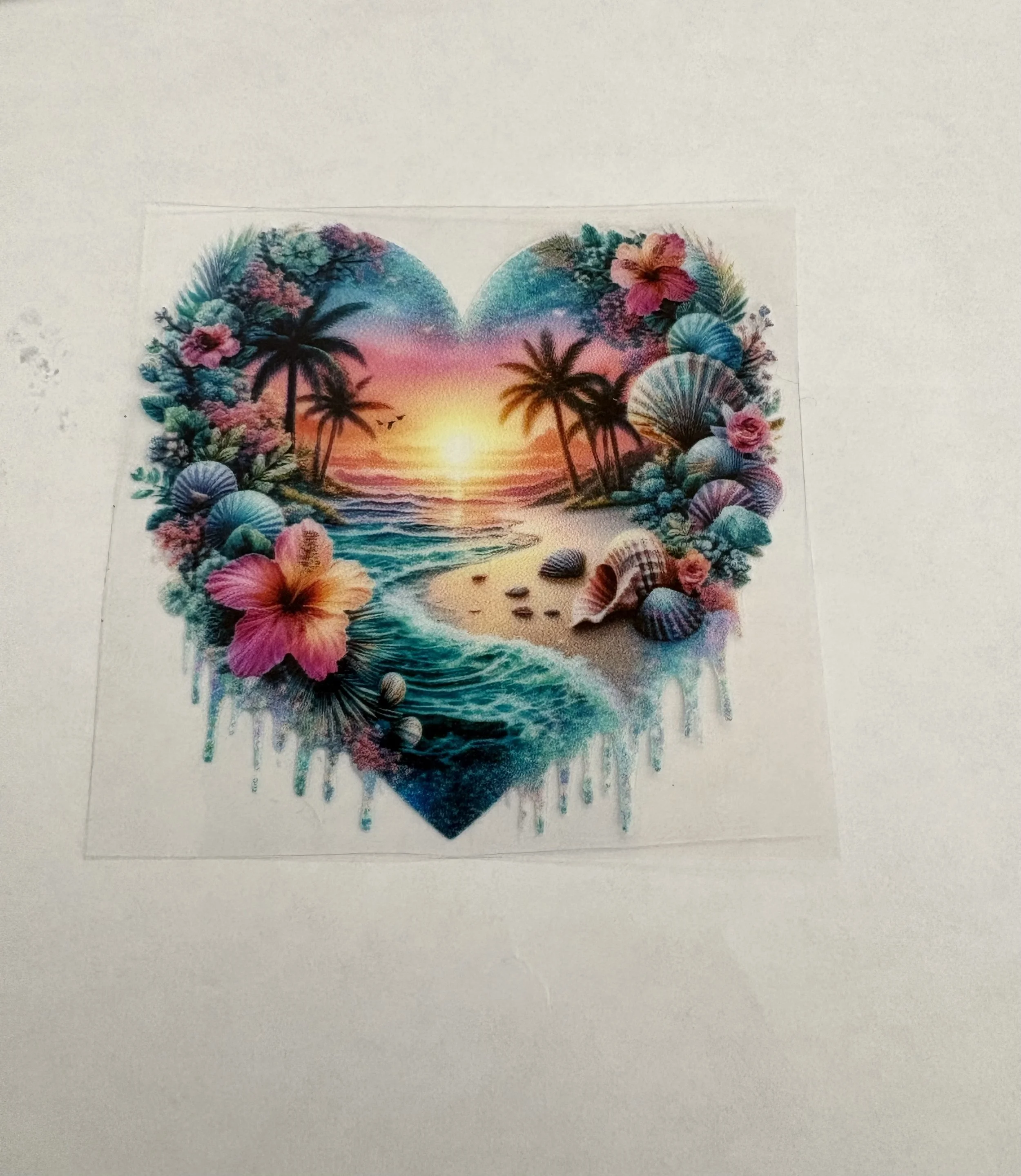 3.5x3.5 Tropical Sunset Heart – UV DTF Sticker 🌺🌴