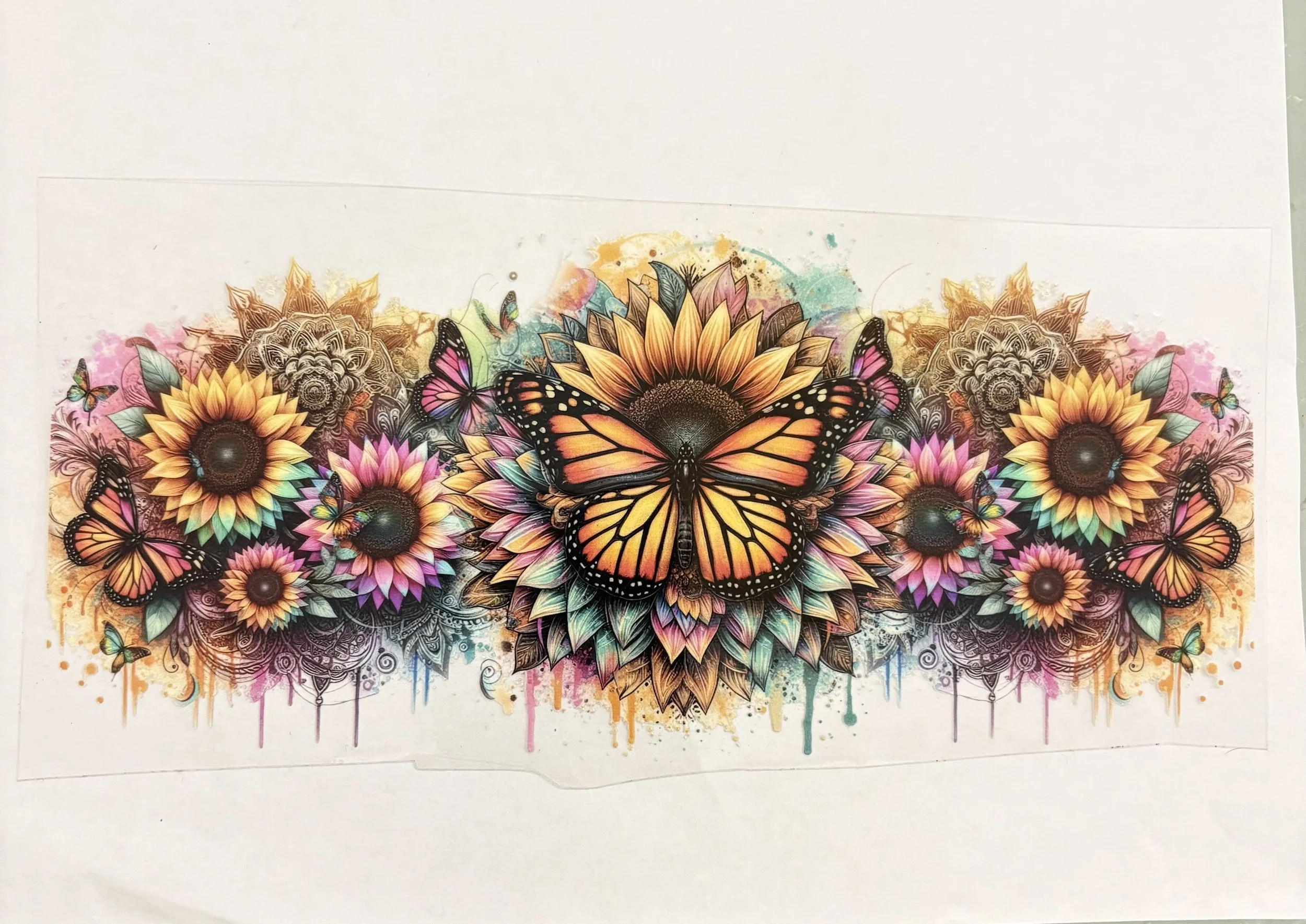 9.75” x 4.5” Monarch Butterfly & Sunflowers – UV DTF Sticker