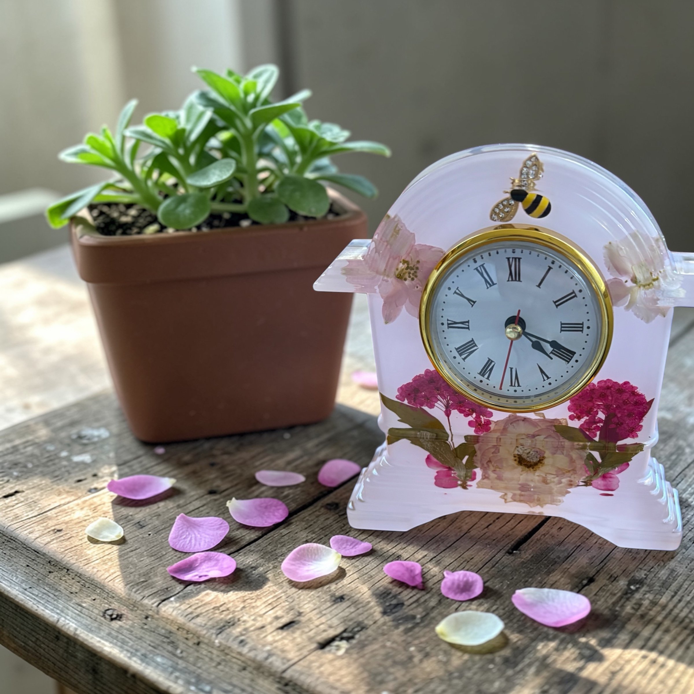 Blush Pink Floral Bee Resin Clock – Romantic Garden Style