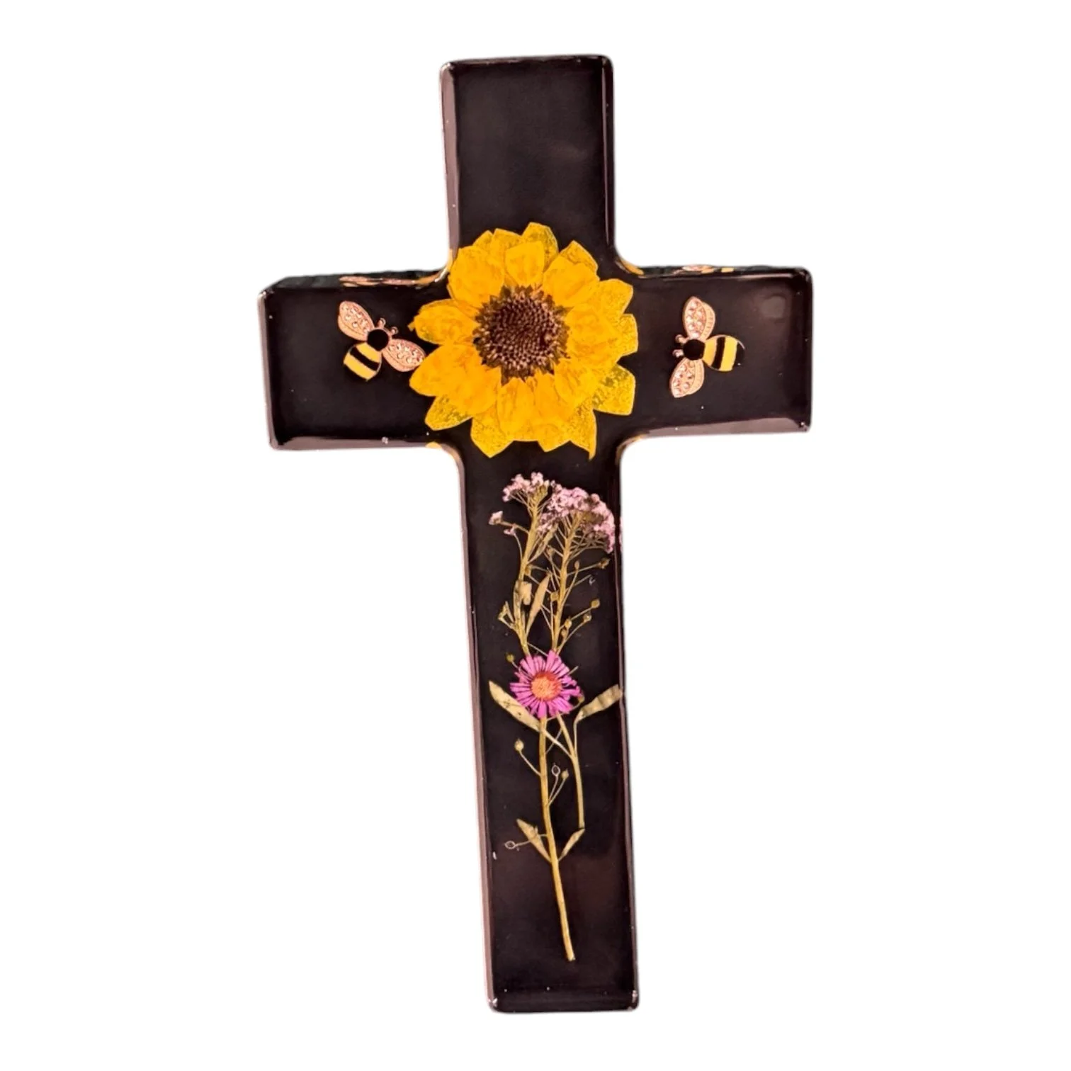 Sunflower & Bee Floral Cross – 9” x 5” x 1
