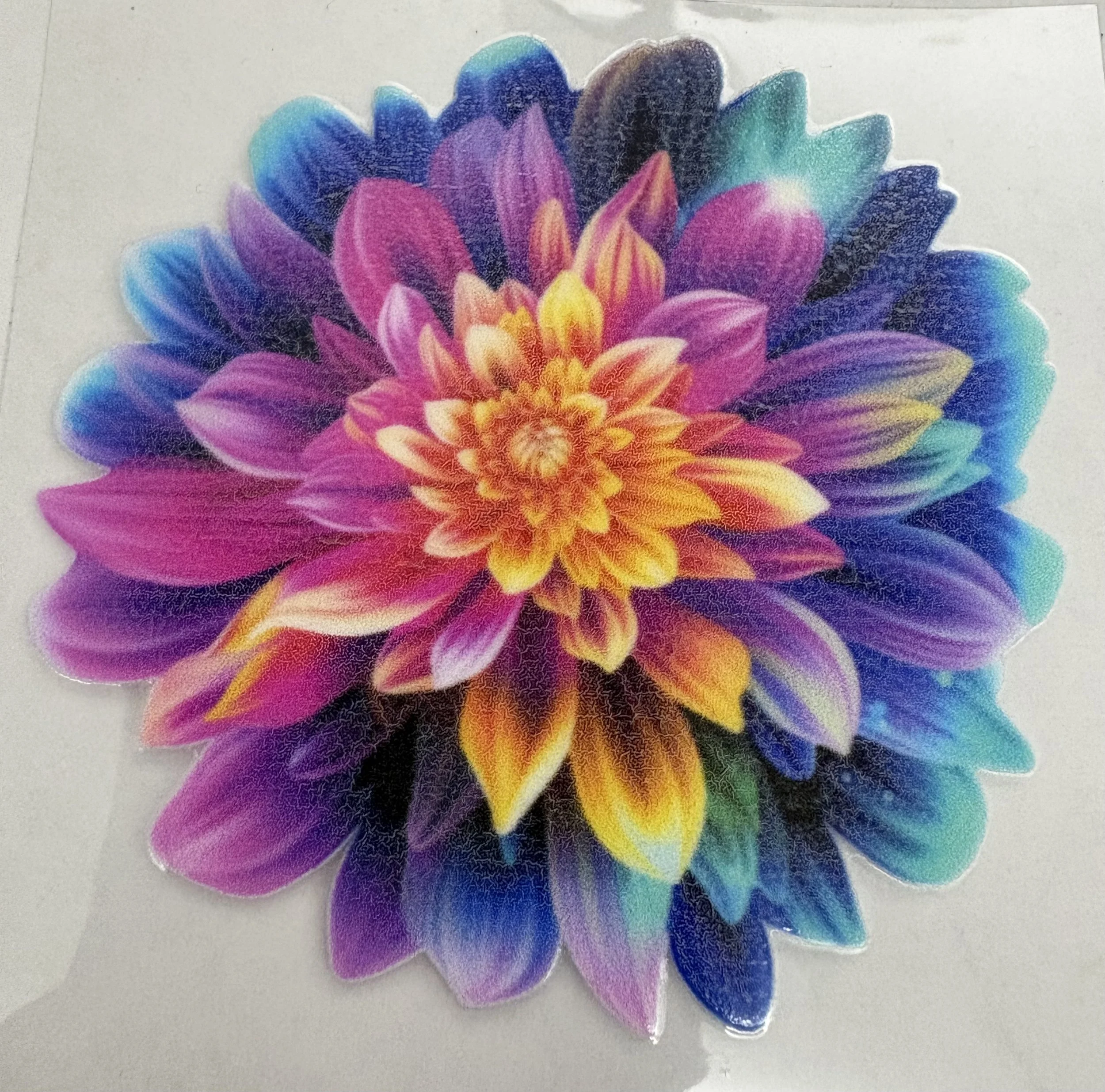 #14 – 3” × 3” Jewel-Tone Rainbow Dahlia UV DTF Sticker