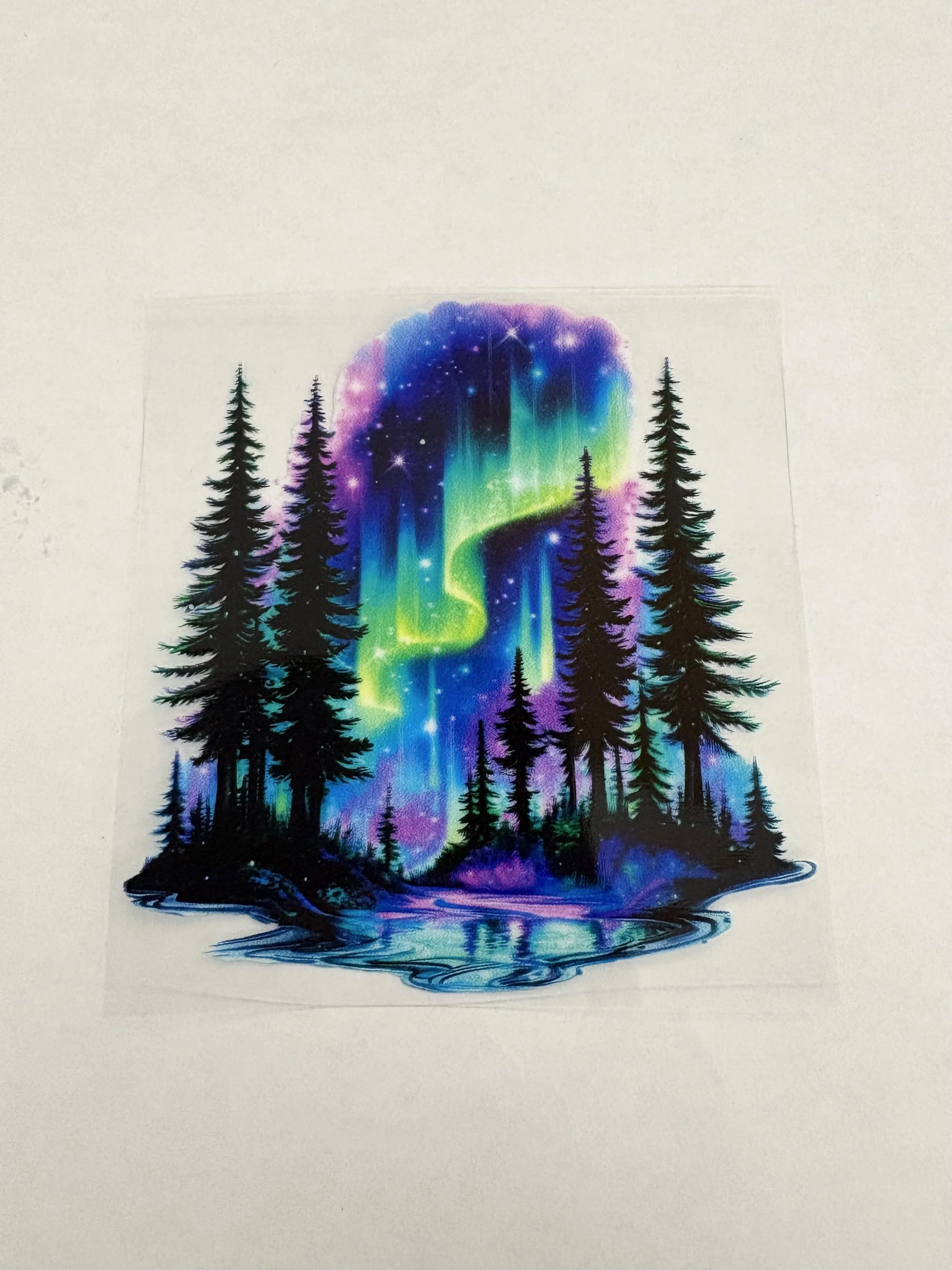 3.5” x 3.5” Northern Lights Forest – UV DTF Sticker