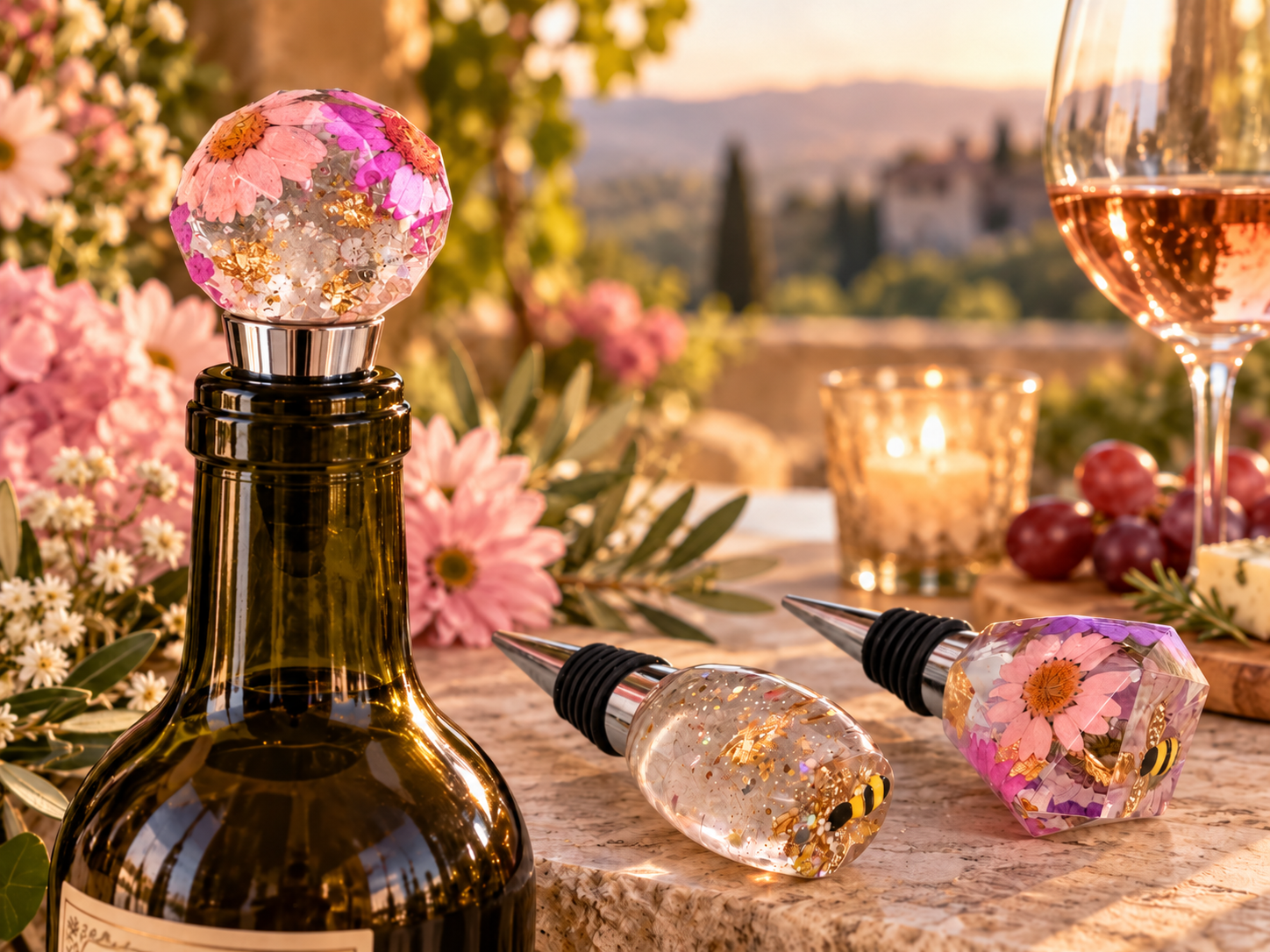Floral & Bee Resin Wine Bottle Stoppers – Set of 3