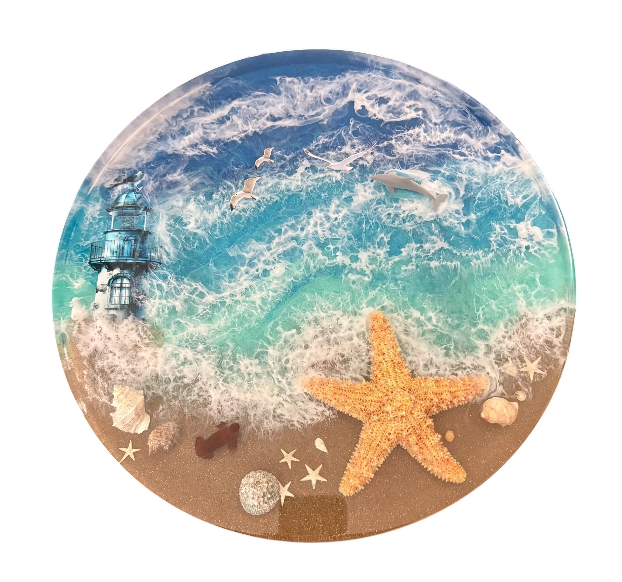 🌊 Coastal Lighthouse Ocean Table – 15” Round