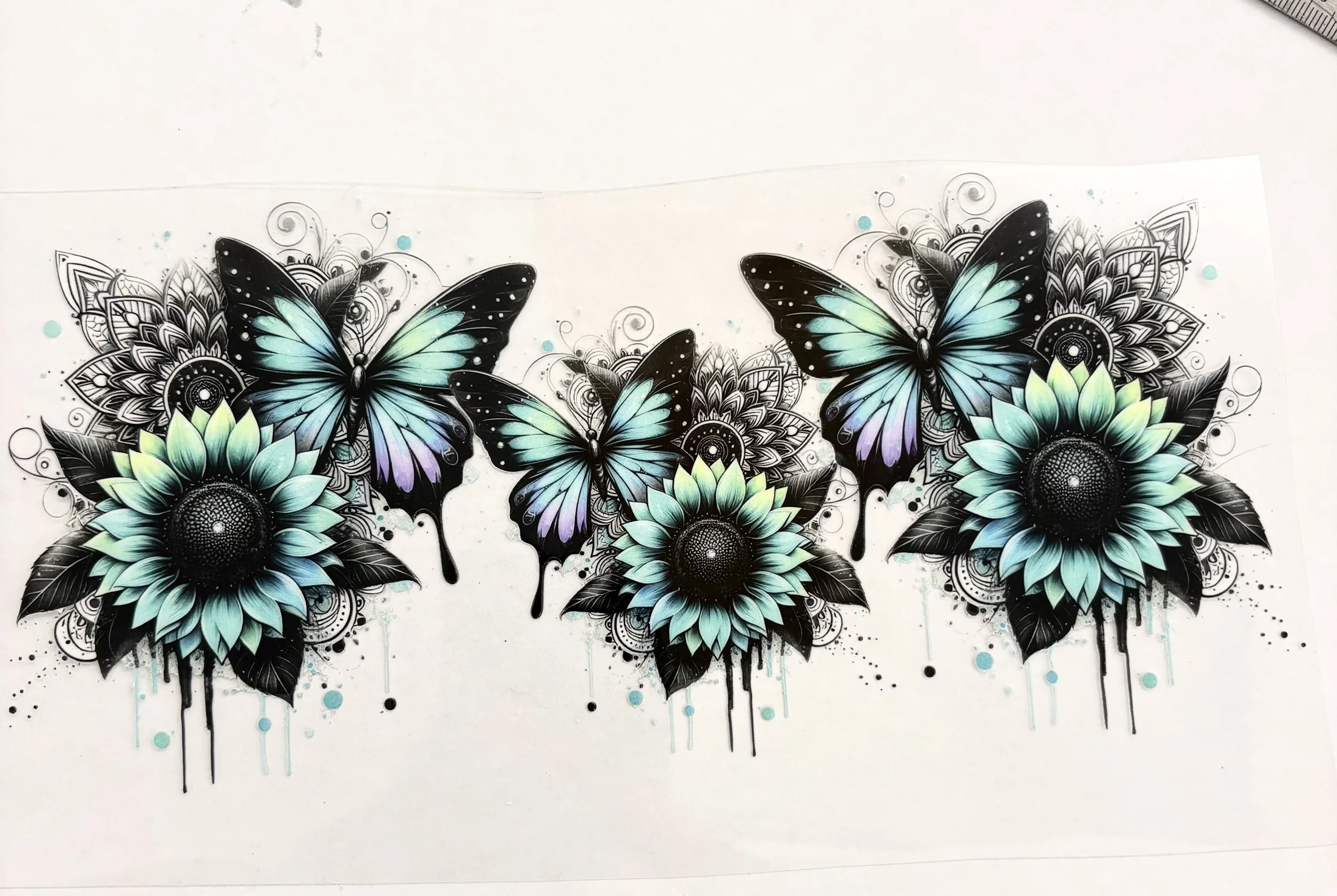 9” x 4” Aqua Butterfly & Sunflower Trio – UV DTF Sticker 🦋🌻