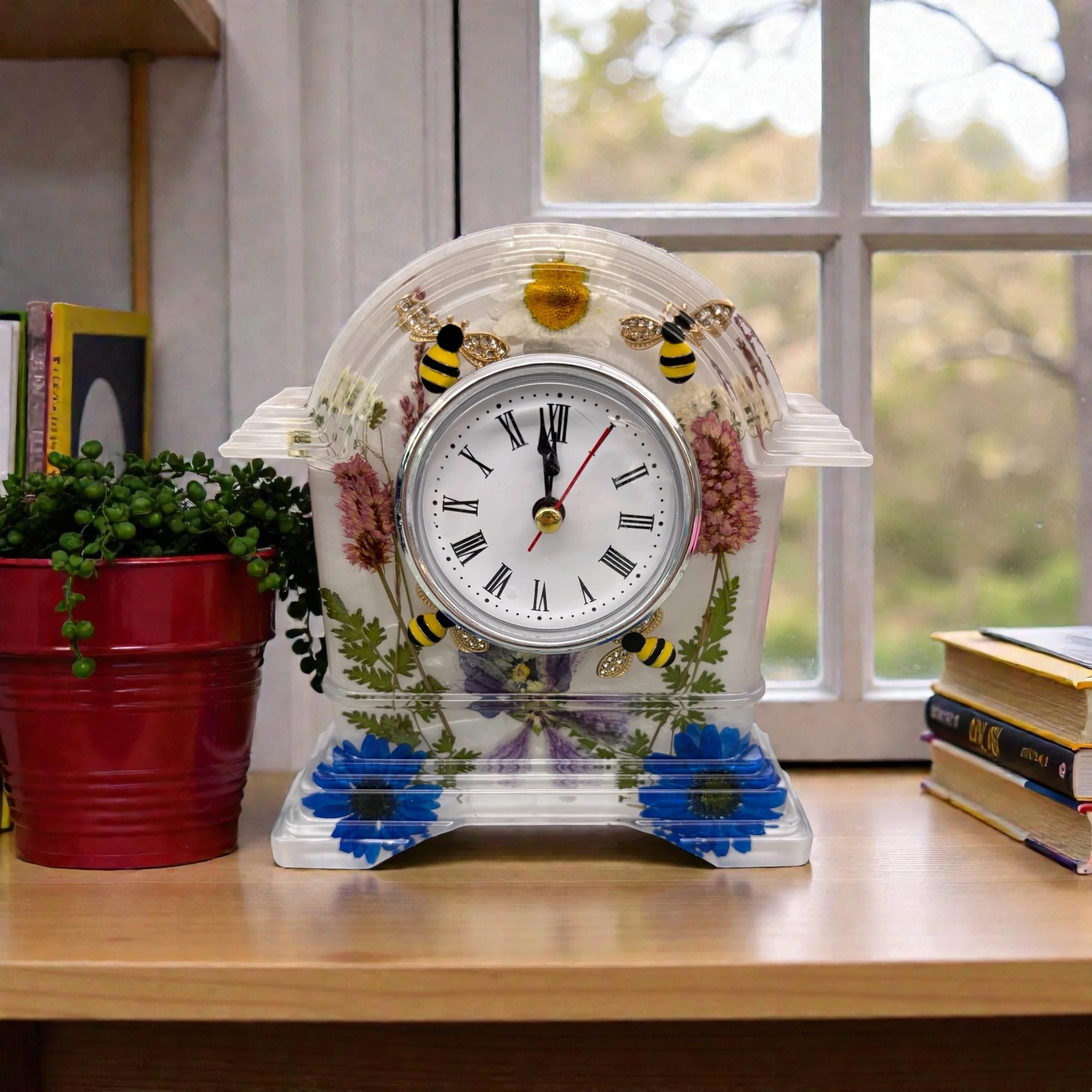 Pressed Flower & Bee Resin Clock Size: 6” x 5.5