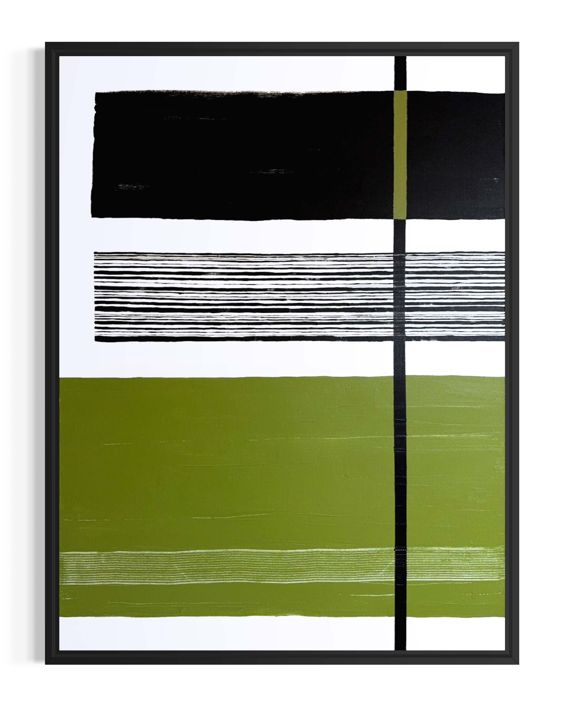Abstract modern art with horizontal black, white, and green stripes interspersed with thin black lines, framed in black.