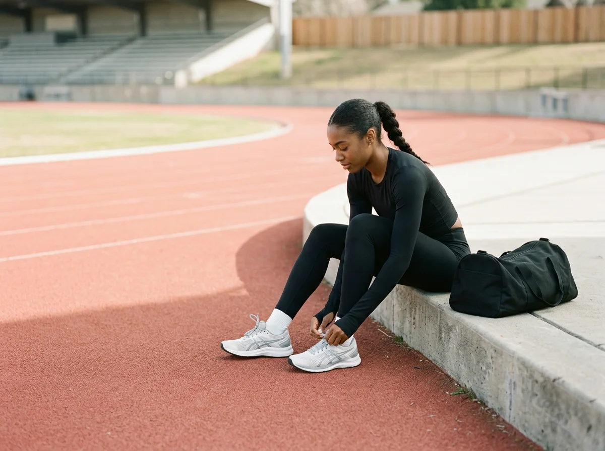A young woman in black athletic clothing sitting on a concrete ledge at an outdoor track, tying her white running shoes with a black duffel bag beside her.