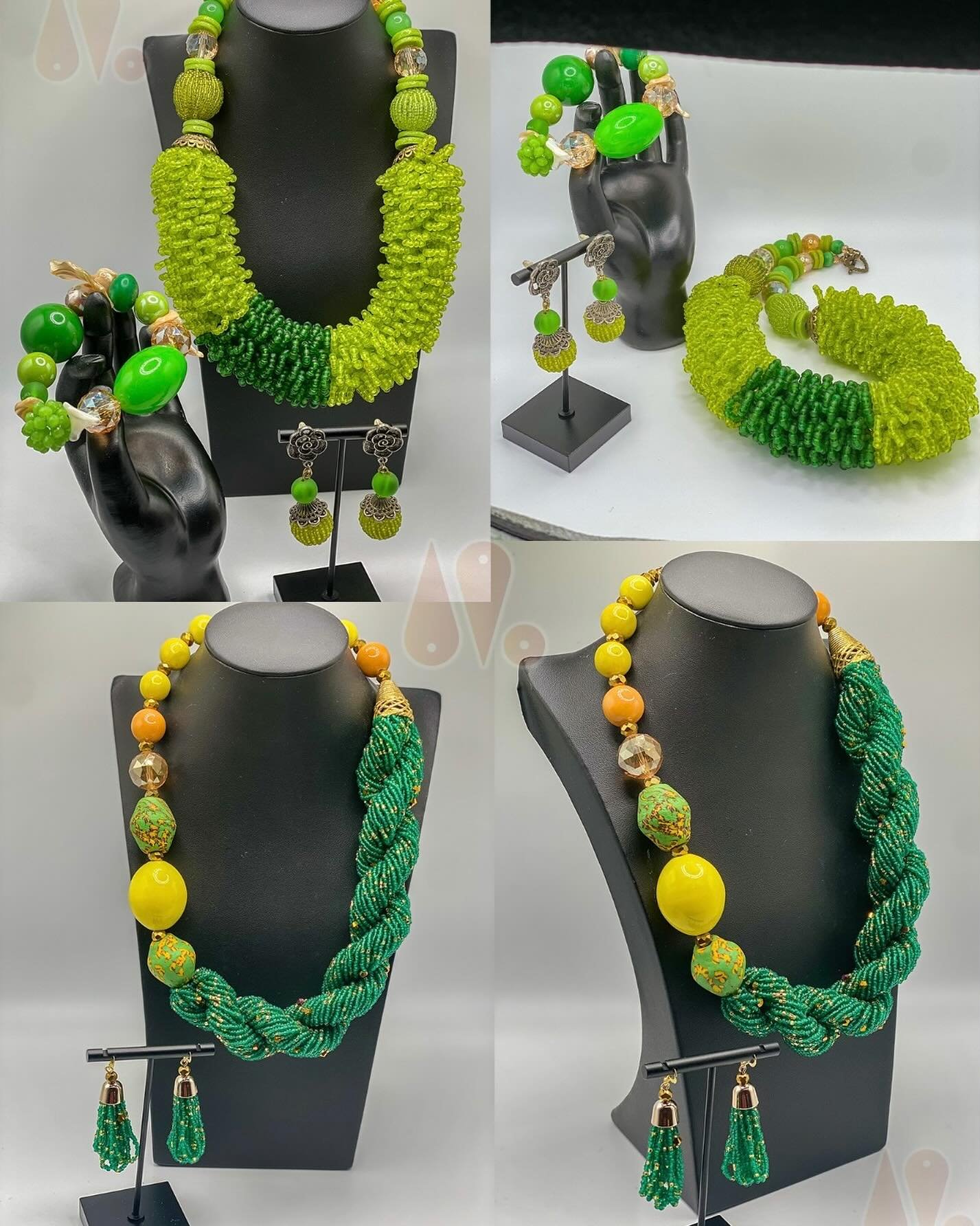✨ Embrace the beauty of nature with this stunning necklace sets showcasing vibrant green and yellow hues. Handcrafted with a blend of seed beads, ceramic, sparkling crystals and polished shells. Let nature&rsquo;s colors adorn you with this unique pi