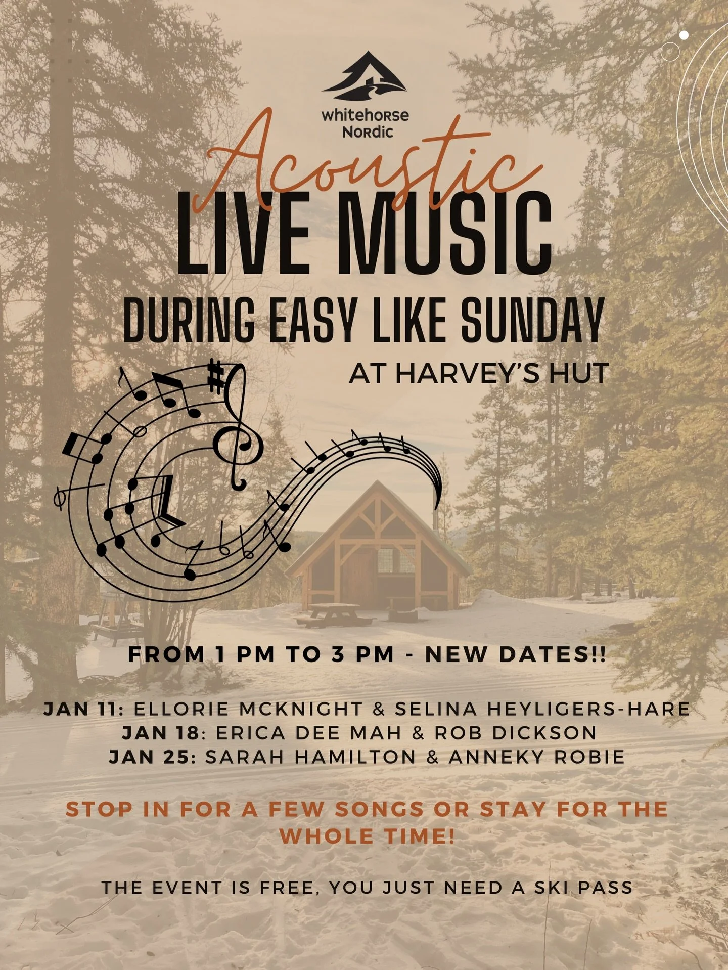 LETS TRY THIS AGAIN!
New dates for this series of acoustic live music at Harvey Hut! 
Check out @whitehorsenordic for trail map and conditions, and ski rentals if you need em (its about a 3km ski to the hut). 

Please note dates are weather pending a