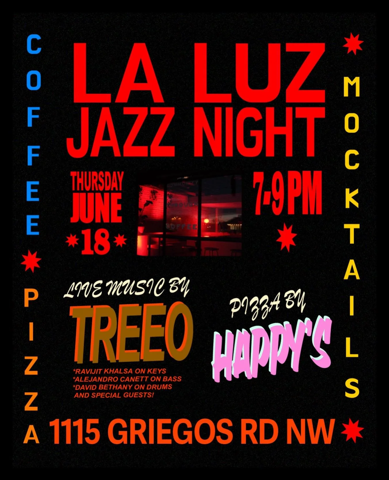Join us for an evening of Jazz next Thursday June 18th from 7PM &mdash; 9PM 

TREEO
Ravijit Khalsa on Keys 
Alejandro Canett on Bass
David Bethany on Drums

Treeo plays mostly in a contemporary Jazz idiom, not without influences from hip-hop and ambi
