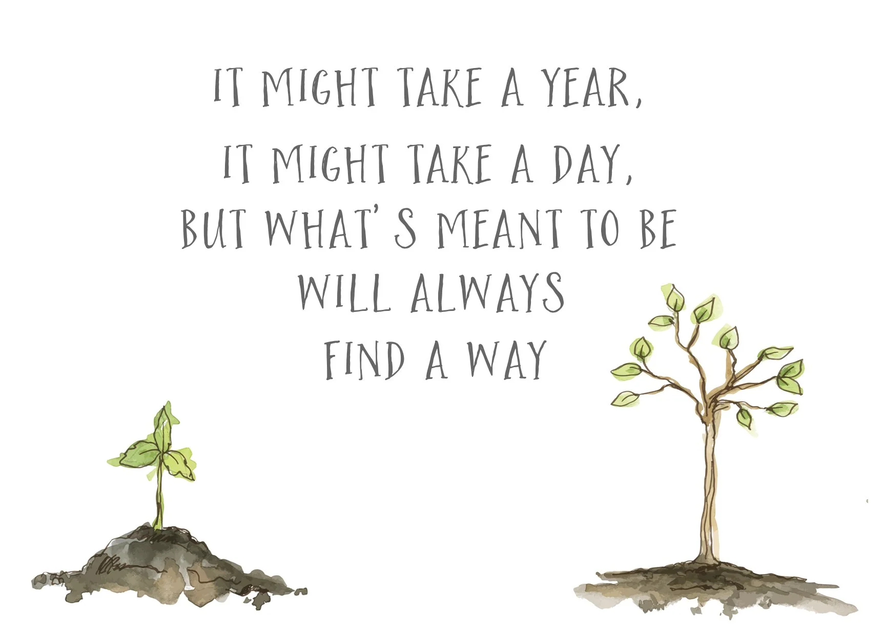 Inspirational quote about growth and perseverance with illustrations of a small sprout and a mature tree, both rooted in soil.