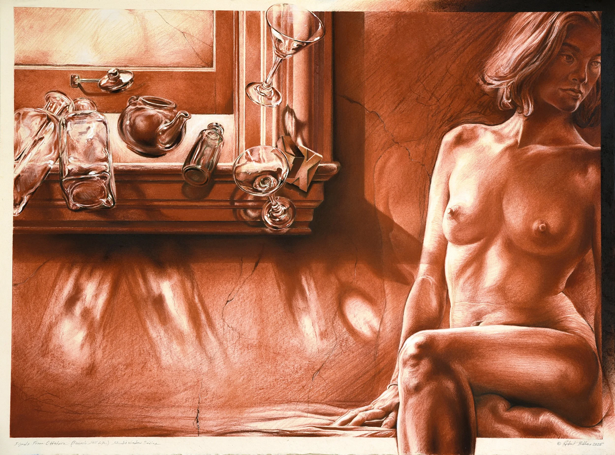 Signals From Offshore (Seismic Still Life)  Studio Window Series / 2025 / Conté drawing on cream paper / 22.5”x30”