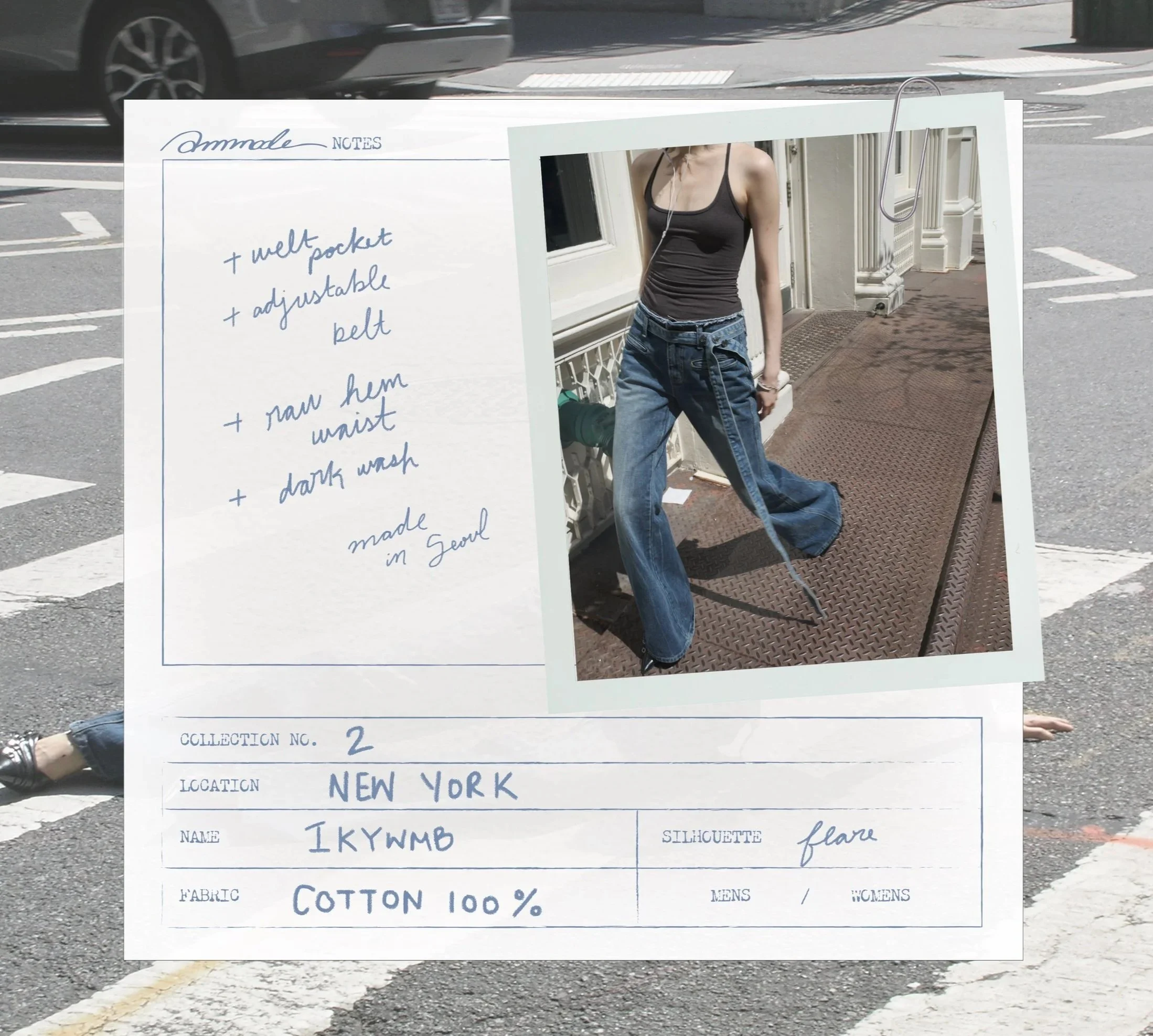 A photograph shows a fashion note card held up against a city street background, with a pinned photo of a woman in a black tank top and baggy jeans. The note includes details about the clothing, such as collection number 2, location New York, and fabric 100% cotton.