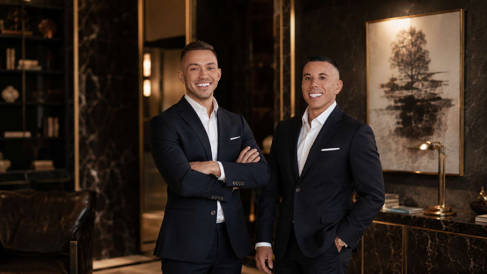Two men in black suits, Joseph Gonzales & Viktor Likunov, smiling and standing with arms crossed in an elegant, modern interior with dark marble walls, a bookshelf, and artwork.