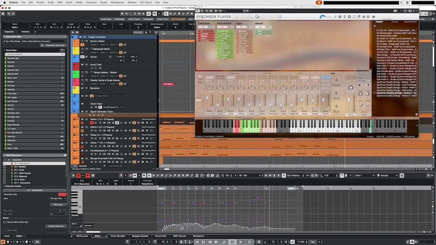 Cubase orchestral project using Vienna Symphonic Library Synchron Player with MIDI CC automation for realistic orchestral mockups