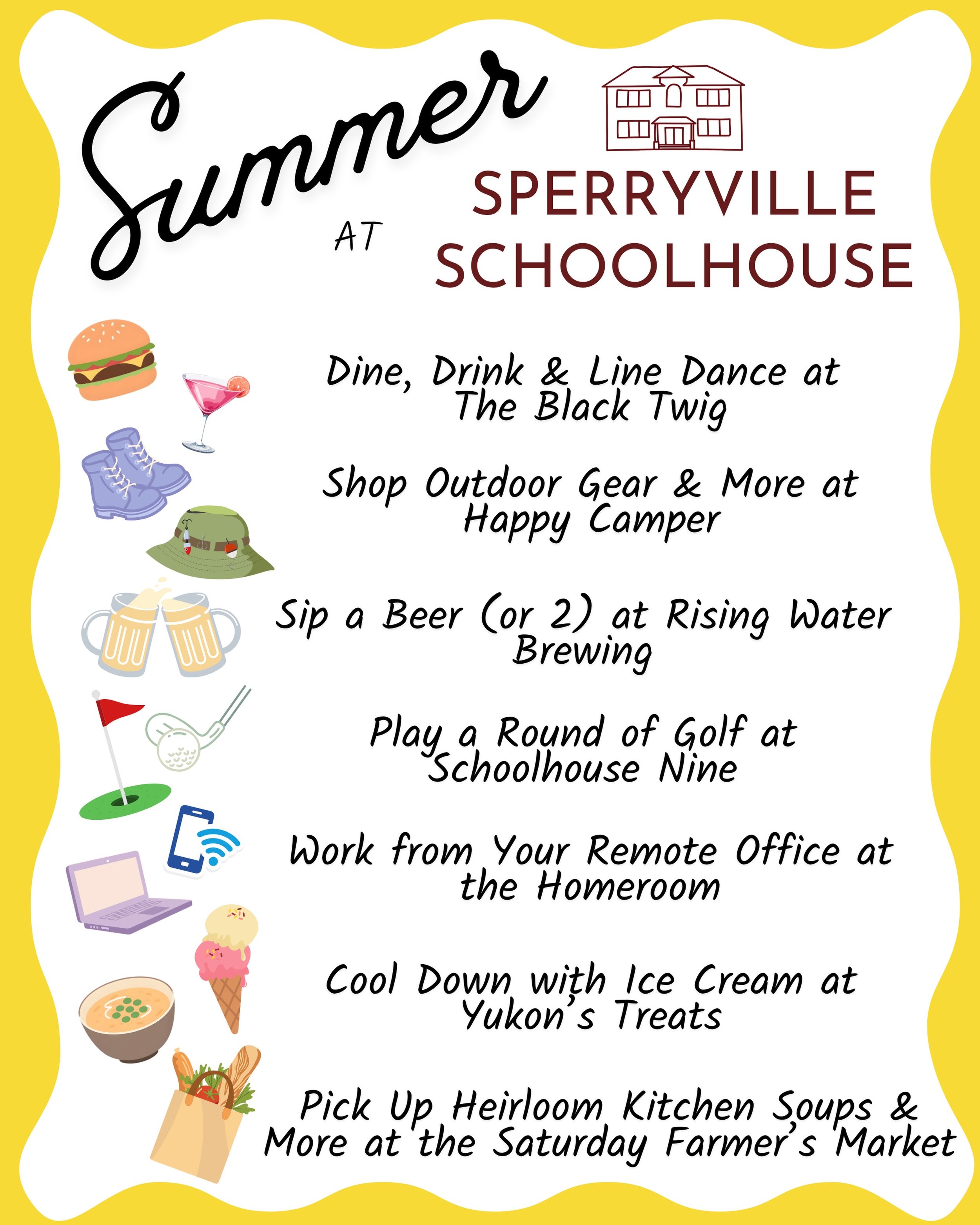 Summer is here and we have something for everyone! 

Support your local businesses, tag us in your adventures, and see you at the Schoolhouse 😎 #sprvlsummer