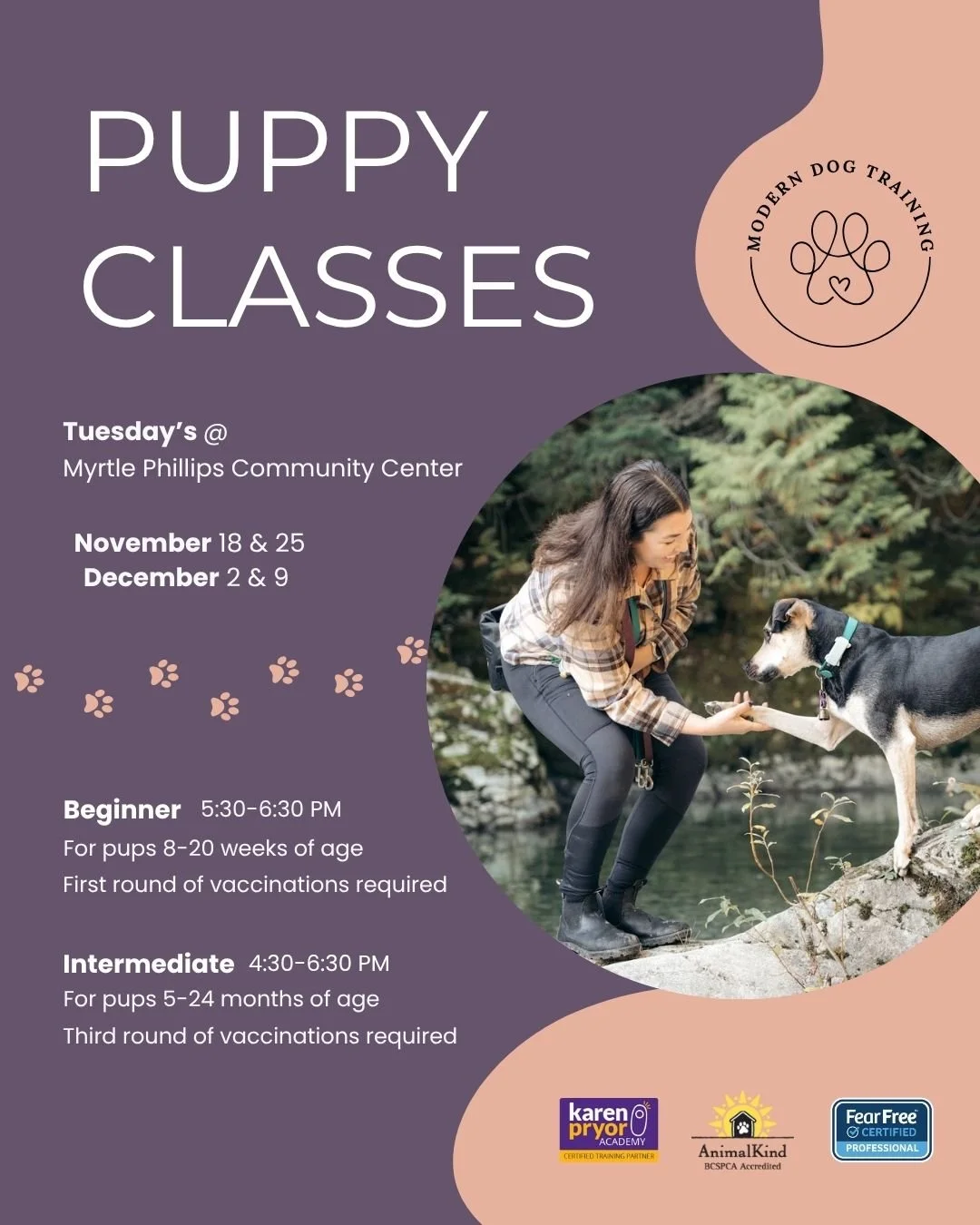 Puppy Classes start next week 🐶🎉

✨ Only 3 spots left ✨ for both the Beginner &amp; Intermediate series!

For more info check out 💻 moderndogtraining.ca or get in touch with me via email 📨abbey@moderndogtraining.ca 

#puppyclass #clickertraining 