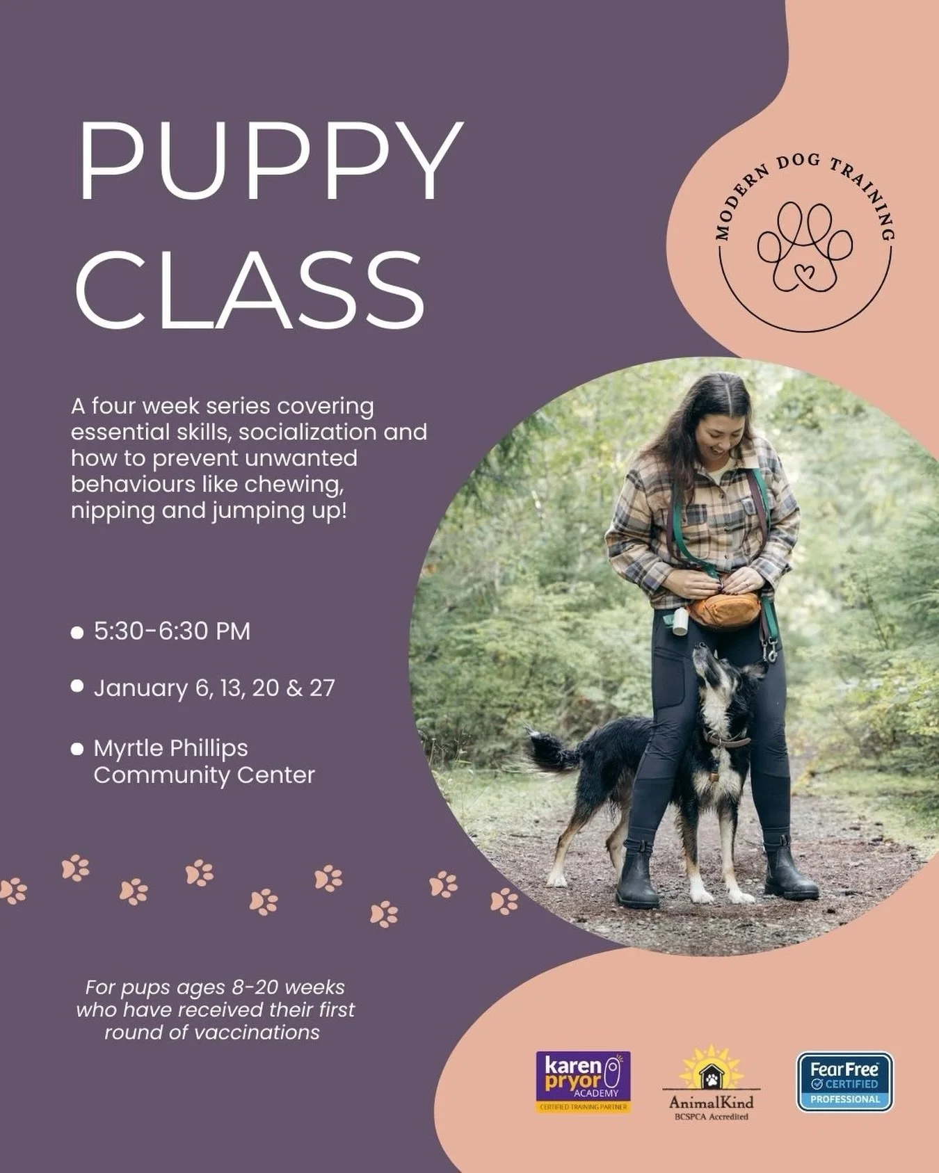 📢 ONLY ONE Spot Left for Beginner PUPPY CLASS 🐶

This 4-week series is everything you need to set you and your pup up for a lifetime of success✨

✔️ Expert instruction 
✔️ Scientifically proven techniques 
✔️ Small group size (5 dogs max) 
✔️ Posit