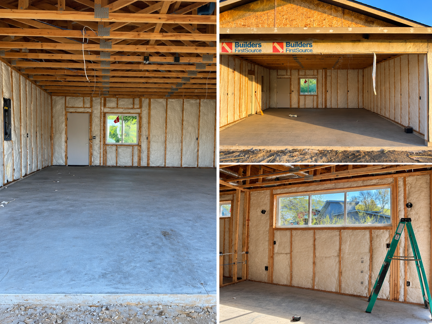 Interior of a house under construction with framing, insulated walls, and windows, showing different rooms with exposed ceiling beams and unfinished floors.