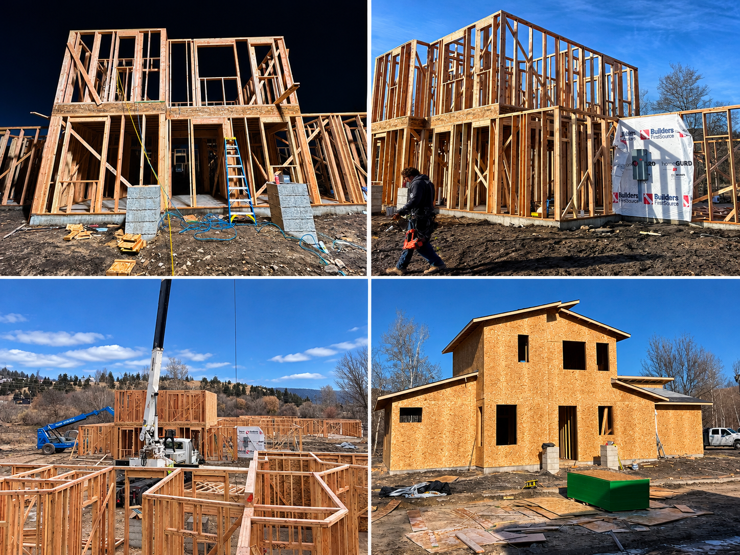 Four stages of house construction, featuring wooden framing and exterior sheathing on a sunny day.