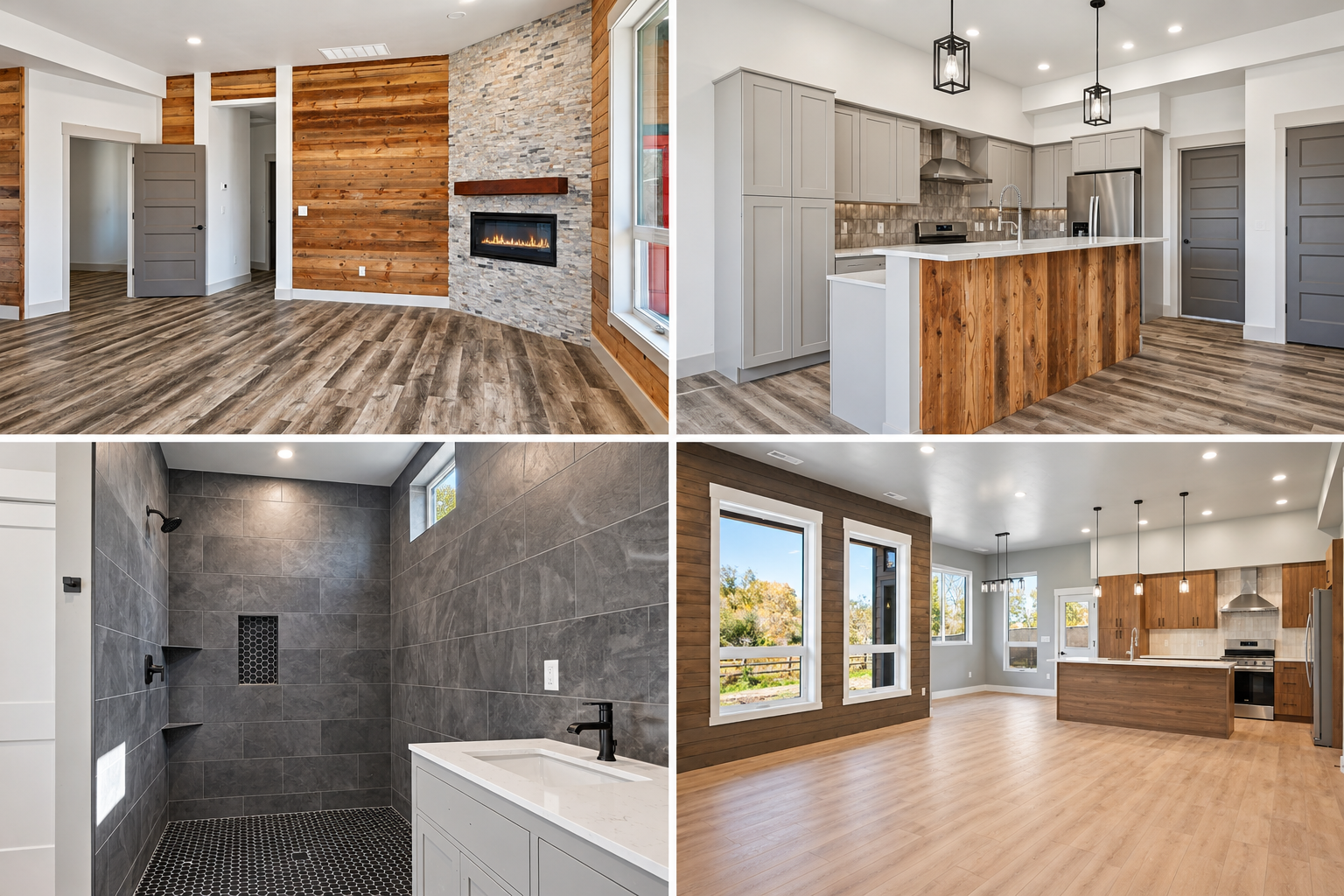 Collage of four images showing the interior of a modern home. The top left image features a living room with a gas fireplace, wood-paneled accent wall, and hardwood flooring. The top right image displays a kitchen with light gray cabinets, a central island with wood paneling, and pendant lights. The bottom left image shows a walk-in shower with dark gray tiles, niche, and small window. The bottom right image depicts an open living space with large windows, a kitchen with wood cabinetry, and light-colored wood flooring.