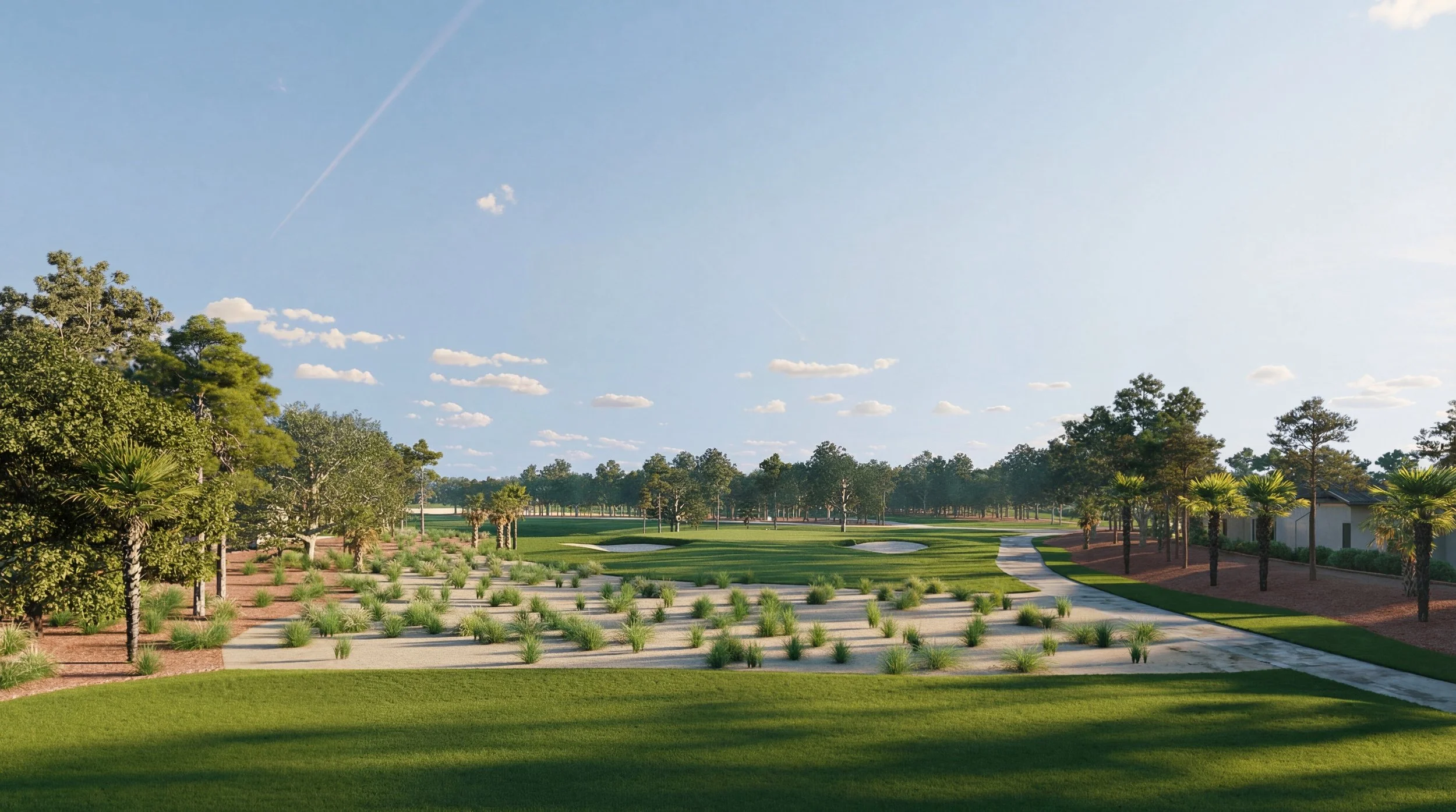 Panoram CGI golf course rendering of a ground view of the tee. With blue sky, golf cart path and surrounding trees.