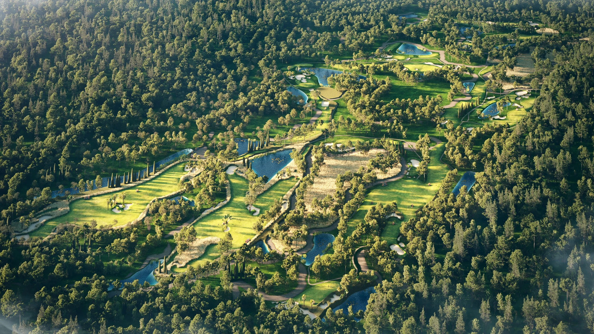 Aerial view of a lush golf course surrounded by dense forest, featuring multiple fairways, water hazards, and sand bunkers.