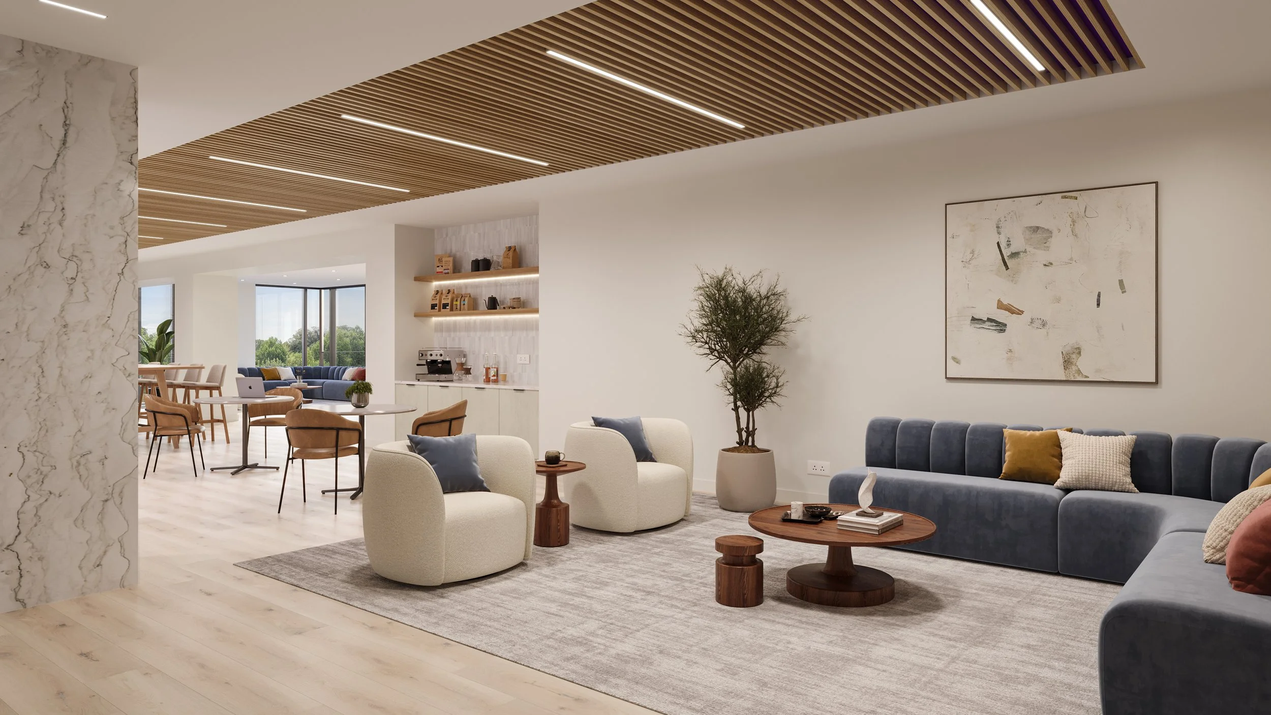 A 3d rendering of an office modern living room with blue sectional sofa, white armchairs, wooden coffee tables, abstract artwork, potted plant, and open kitchen in background.