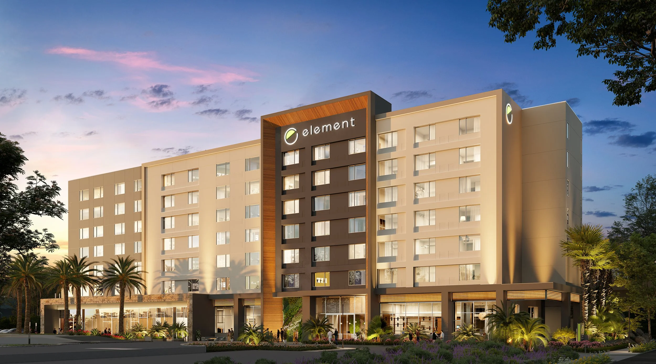 A photorealistic 3D architectural rendering of the new Element Hotel by Marriott in Mission Valley San Diego, California.