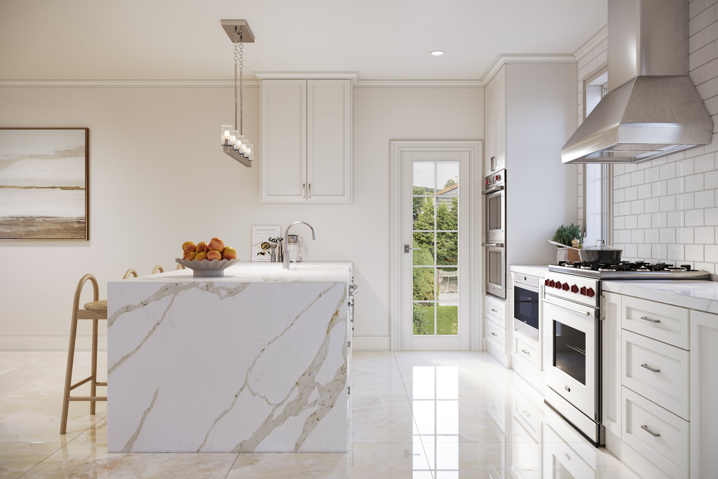 A photorealistic 3D kitchen rendering made by Panoram CGI, featuring white cabinetry, a large marble island with an apron sink, stainless steel Wolf and Sub-Zero appliances, and white subway tile backsplash.