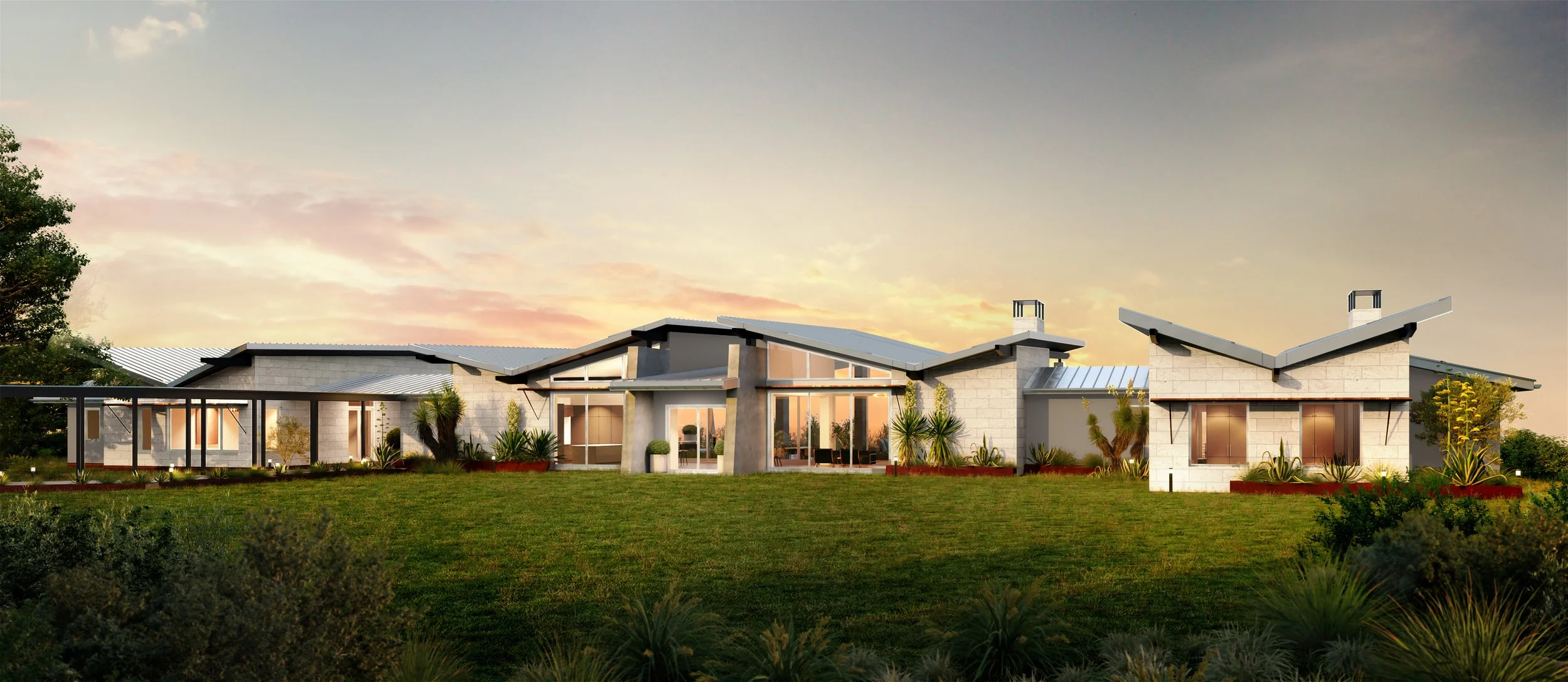 Panoram CGI architectural render of a modern house with a sloped roof, large glass windows, and a landscaped yard at sunset.