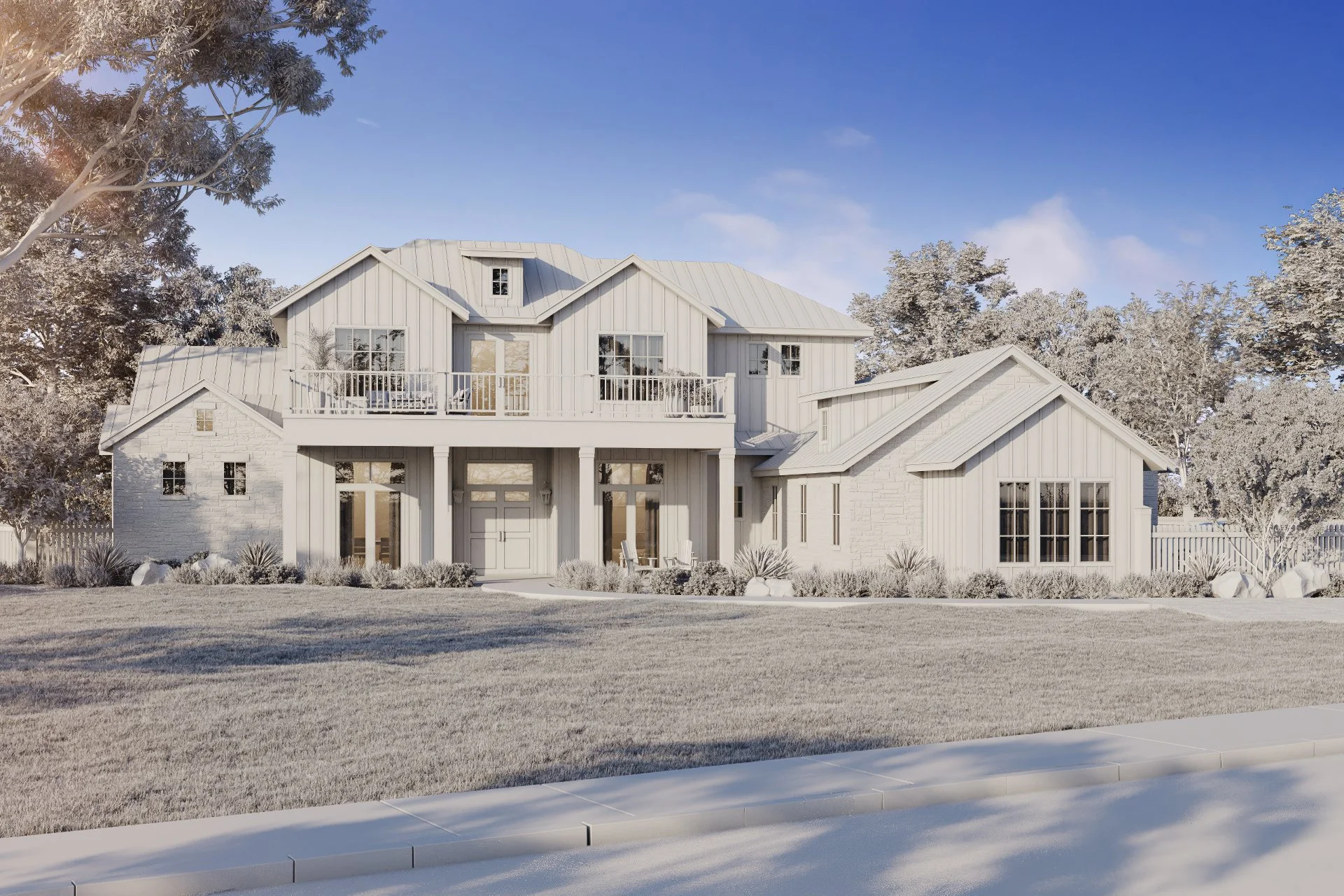 A modern two-story house with a white exterior, multiple gabled roofs, large windows, a balcony, and a front porch, surrounded by a well-maintained lawn and trees.