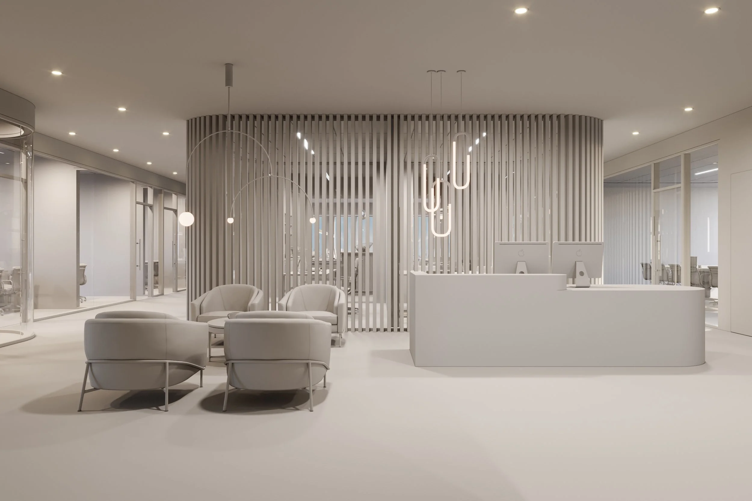 Modern office reception area with white seating, minimalist decor, and a curved reception desk. The background has a wooden slat partition and there are hanging light fixtures.