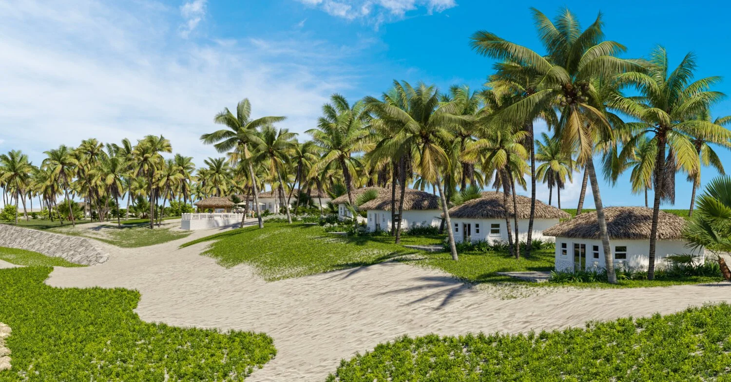 A tropical beach with white sand, green bushes, and towering palm trees. Small cottages with thatched roofs are nestled among the trees, under a bright blue sky.