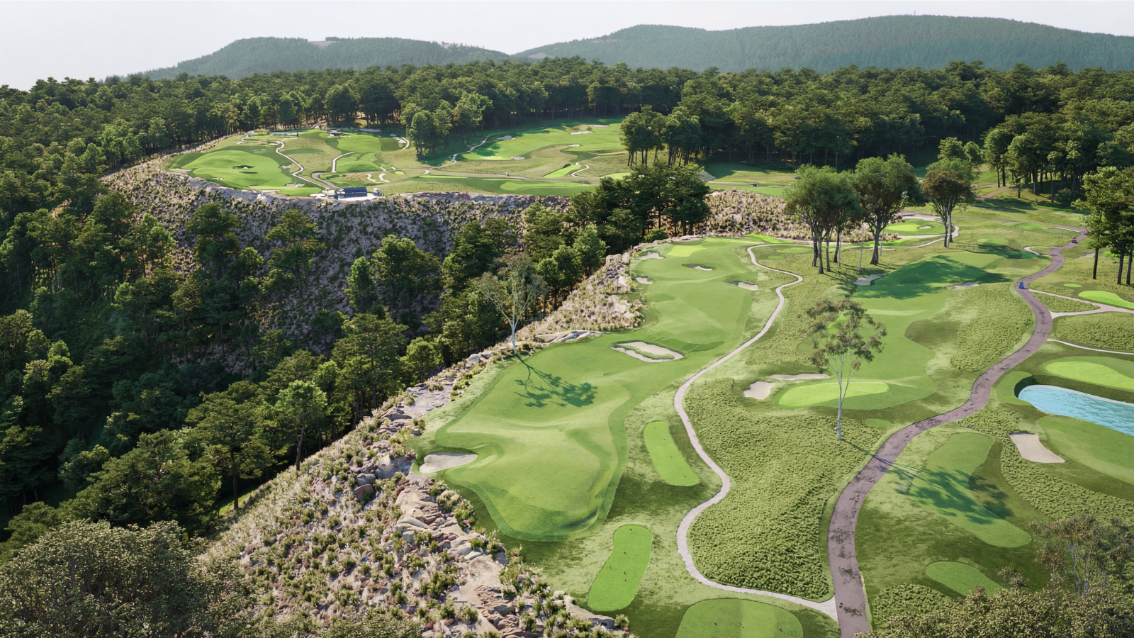 Aerial view of a golf course set among lush green trees and rolling hills, with fairways, sand traps, and small water hazards.
