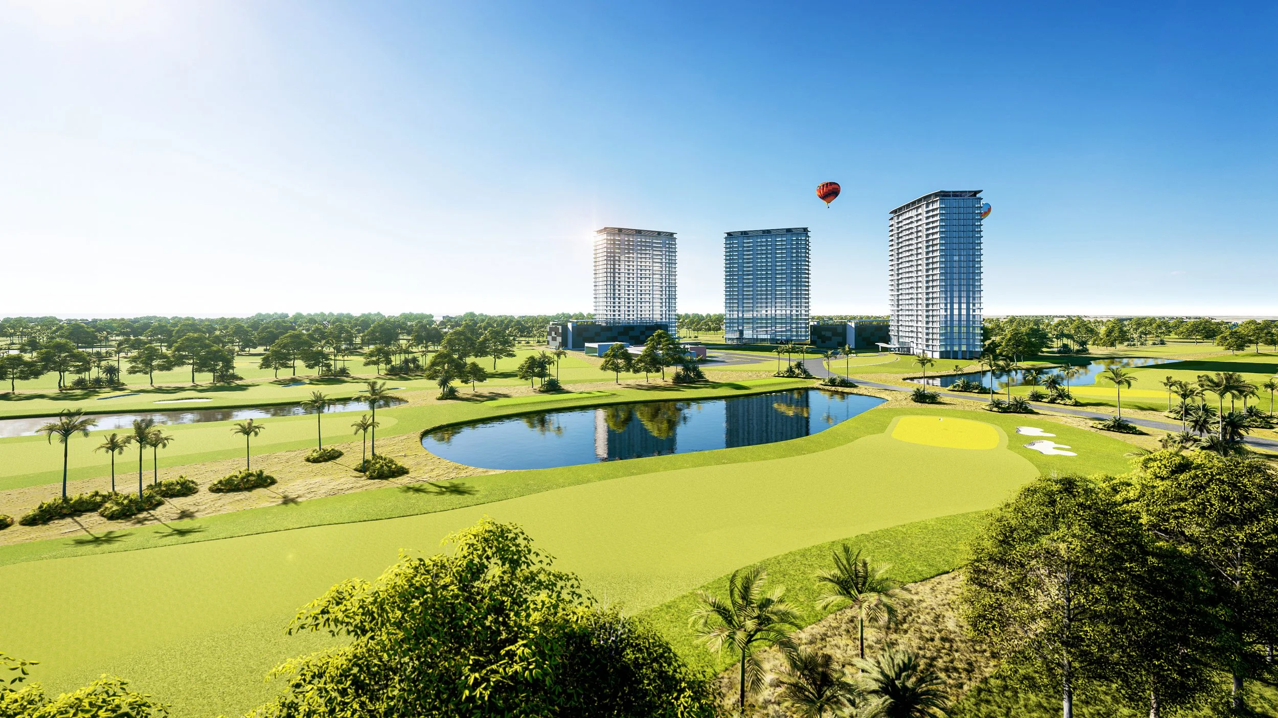 Rendering of a modern residential development with three tall buildings, surrounded by a golf course, ponds, and palm trees under a clear blue sky with hot air balloons in the background.