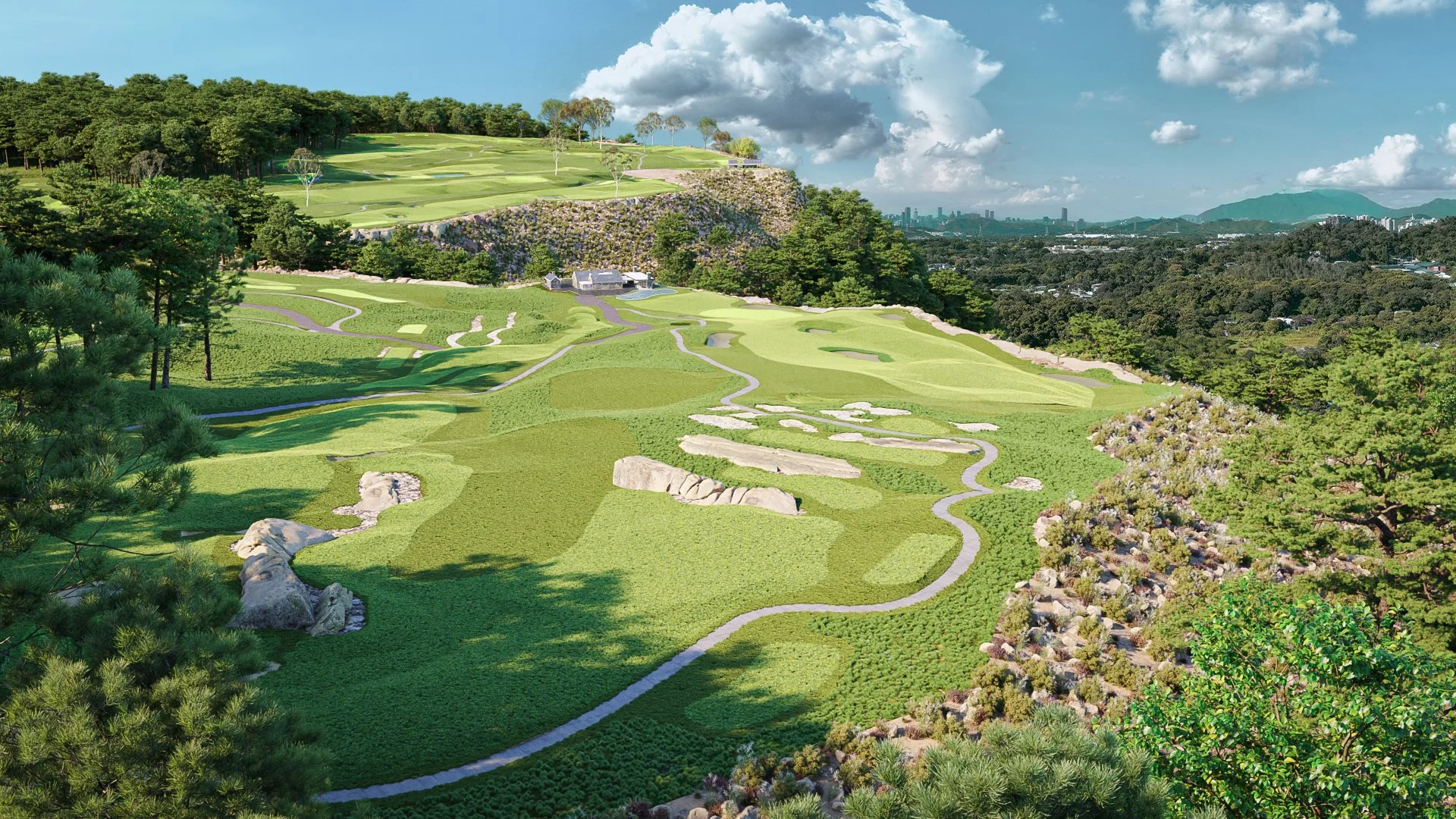 A scenic view of a golf course with winding pathways, neatly maintained grassy areas, and surrounding trees and shrubbery, with a city skyline and mountains in the distance.