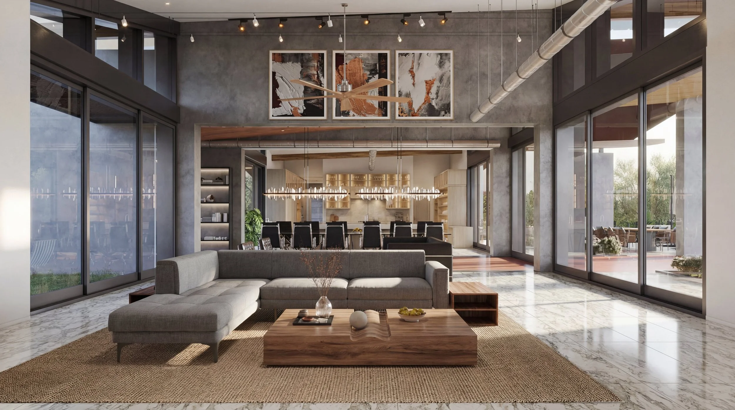 Modern living room 3d rendering done by Panoram CGI with large windows, a gray sectional sofa, wooden coffee table, and artwork on the wall.