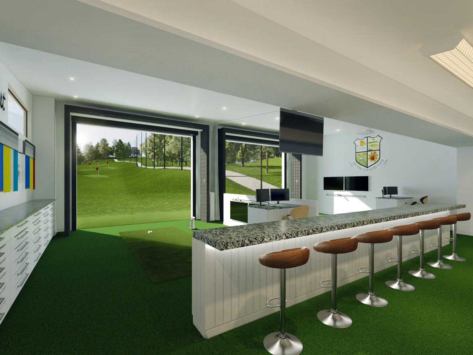 Indoor golf simulator room with large windows showing a golf course outside, a bar counter with brown stools, multiple flat-screen monitors, and a wall decal of a golf crest.