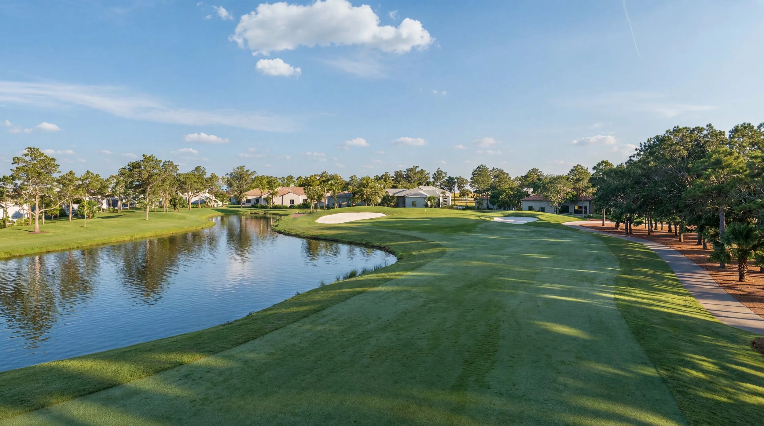 Panoram CGI golf course rendering of a ground view of the tee. With blue sky, lake, golf cart path and surrounding trees.