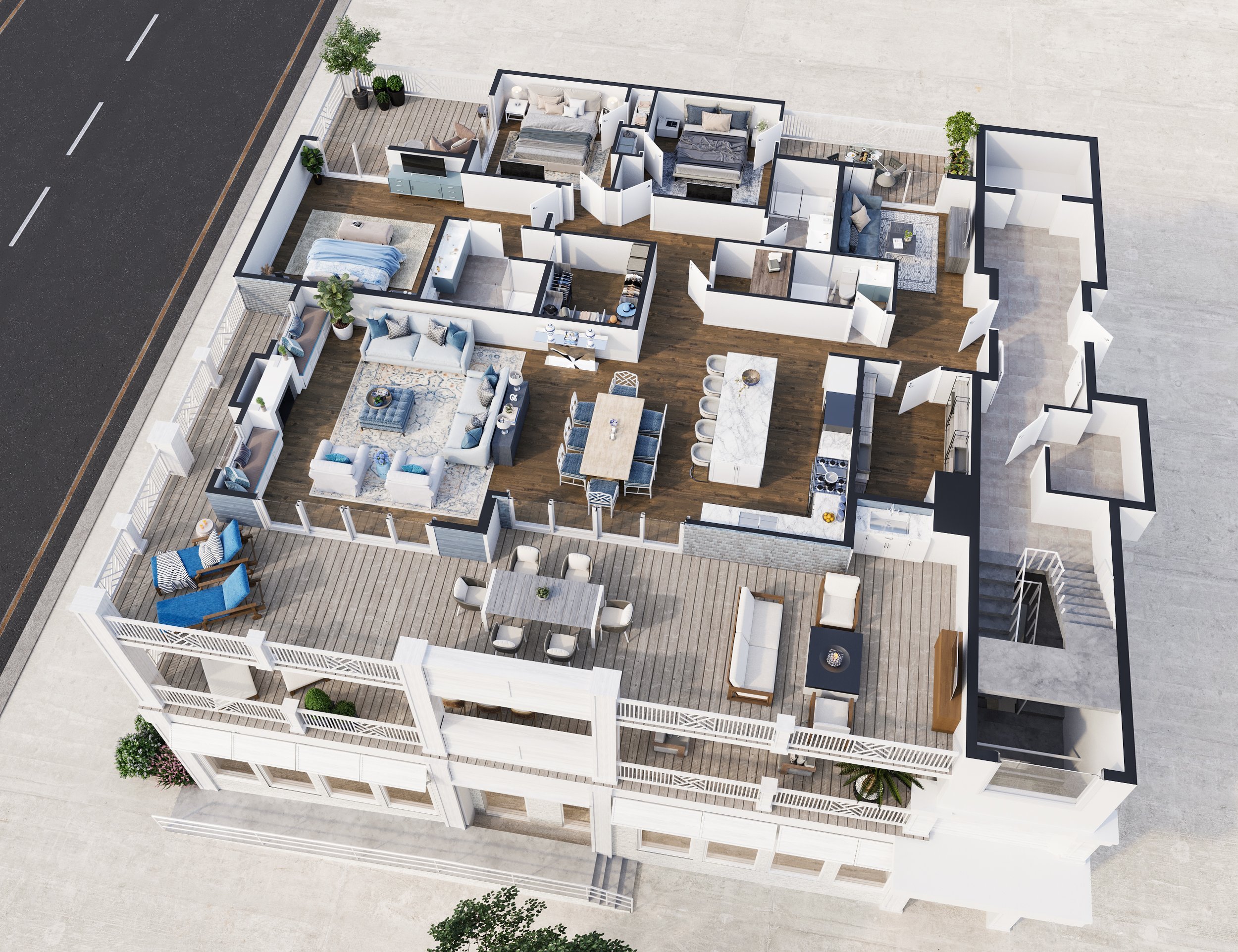 Modern apartment 3D rendering showcasing a large living area, highlighting stylish decor and open space